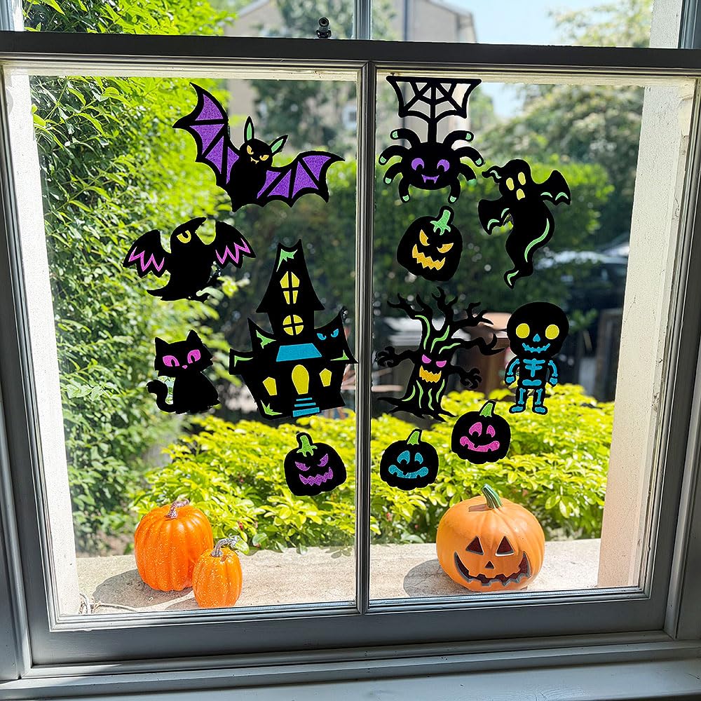Baker Ross FN596 Halloween Scene Window Decorations – Pack of 30, Spooky Stick-On Decorations Perfect for Halloween Parties, Classroom Displays