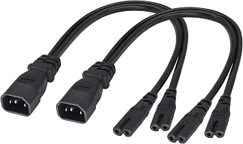 2 pack IEC320 C14 to Dual C7 Y Splitter Power AC Adapter Cable,10A 125V IEC 3Pole Male to 2x2Pole Female Figure 8 Plug,IEC C7 to C14 Polarized Converter for LED TV etc0.3m/1ftC14 to 2xC7