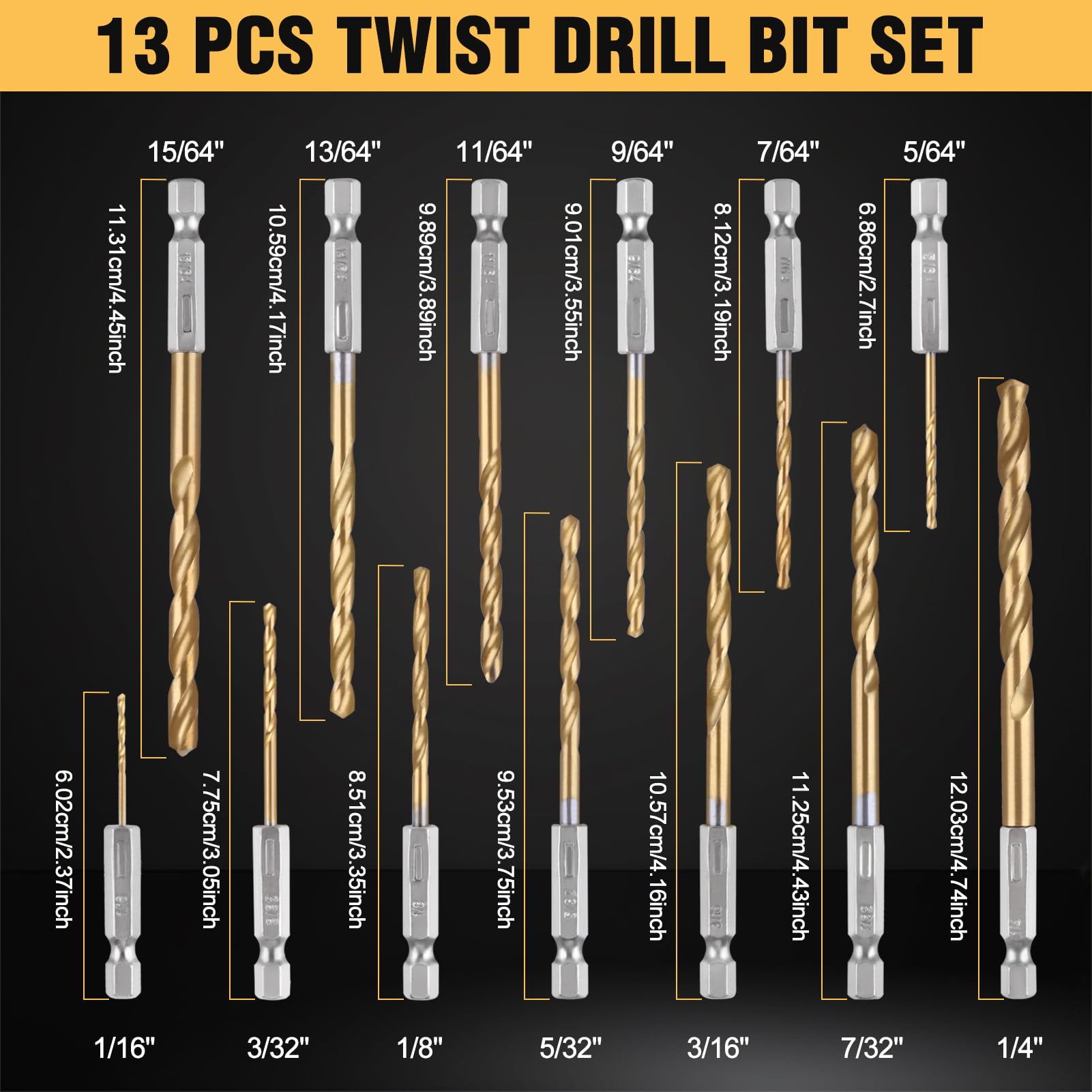 SPEEDWOX 13Pcs Titanium Twist Drill Bit Set 1/4 inch Hex Shank Drill Bit Set High Speed Steel Quick Change Hex Drilling Bit Twist Drill Bits Set Drill Bits for Metal Wood Plastic Aluminum 1/16"-1/4" - Image 2