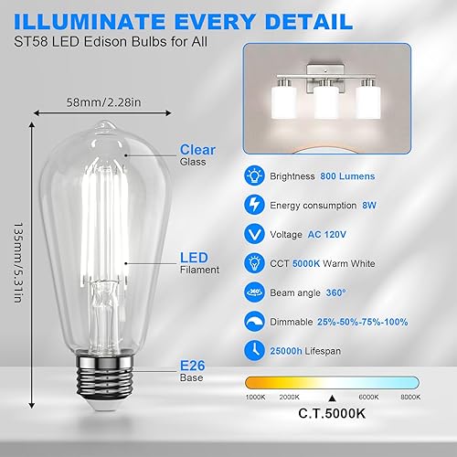 Miniatura 2 de Kawaya Bombillas LED Edison E26 paquete de 12 bombillas LED regulables de 8 W equivalentes a 80 W - Vintage ST58 5000 K luz blanca diurna -