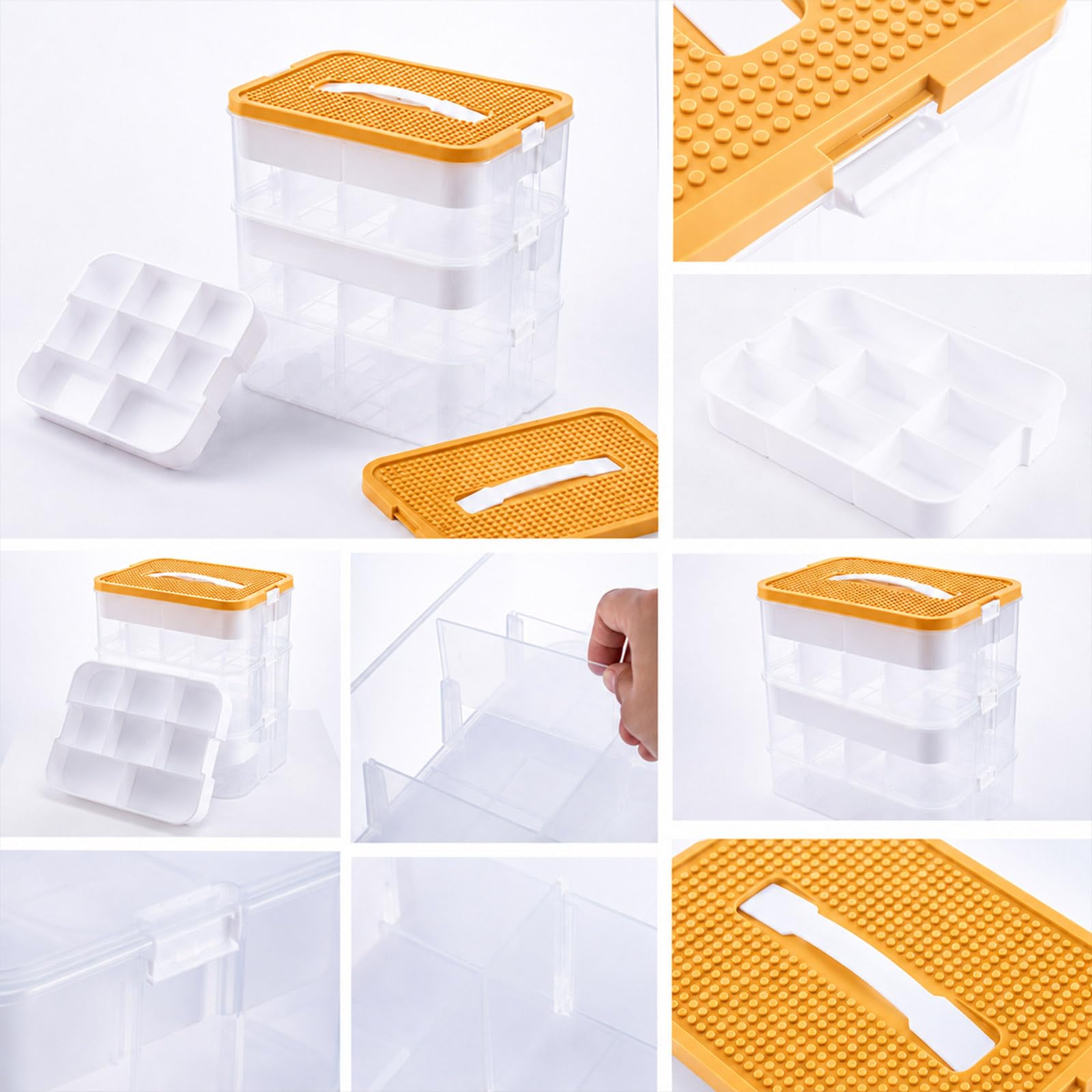 Scatola portaoggetti con coperchio per Lego, impilabile, trasparente, con scomparti regolabili, scatole portaoggetti per Lego, mattoncini, puzzle e accessori per il fai da te (3 ripiani