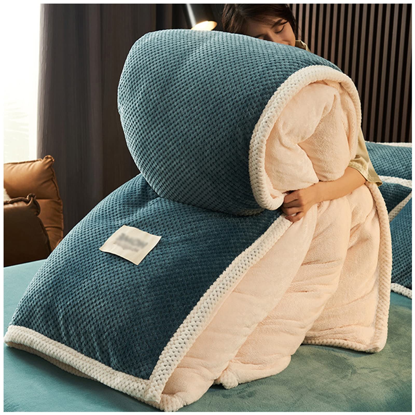 Edredón de plumón invierno de vellón coral y franela gruesa contra el frío reversible azul 220x240