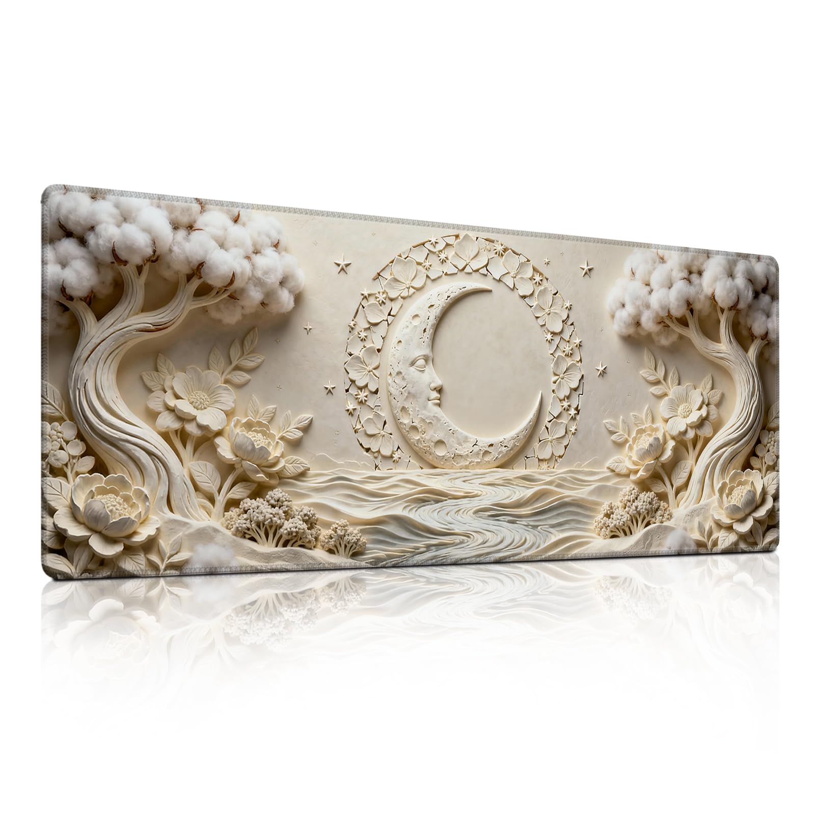 Moon Face Relief Mouse Pad, Luxury Beige Cotton Tree &amp; Flower Decor Desk Mat - Large Non-Slip Office PC Laptop Desk Pad - 31.5"x11.8" x 3mm