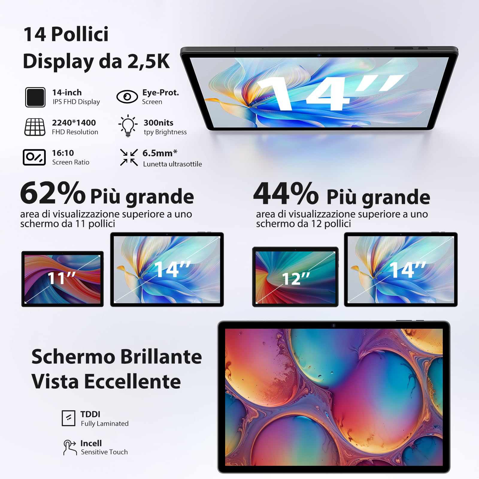 MAXLEGEN Android 14 Tablet, Display 14 Pollici 2,5K Incell, 36GB RAM+256GB ROM(TF 1TB), 4G LTE+5G WiFi Tablet con Octa Core/4 altoparlanti/11580 mAh/BT5.0/GMS/GPS, Tab Pen/custodia/auricolare Inclusa