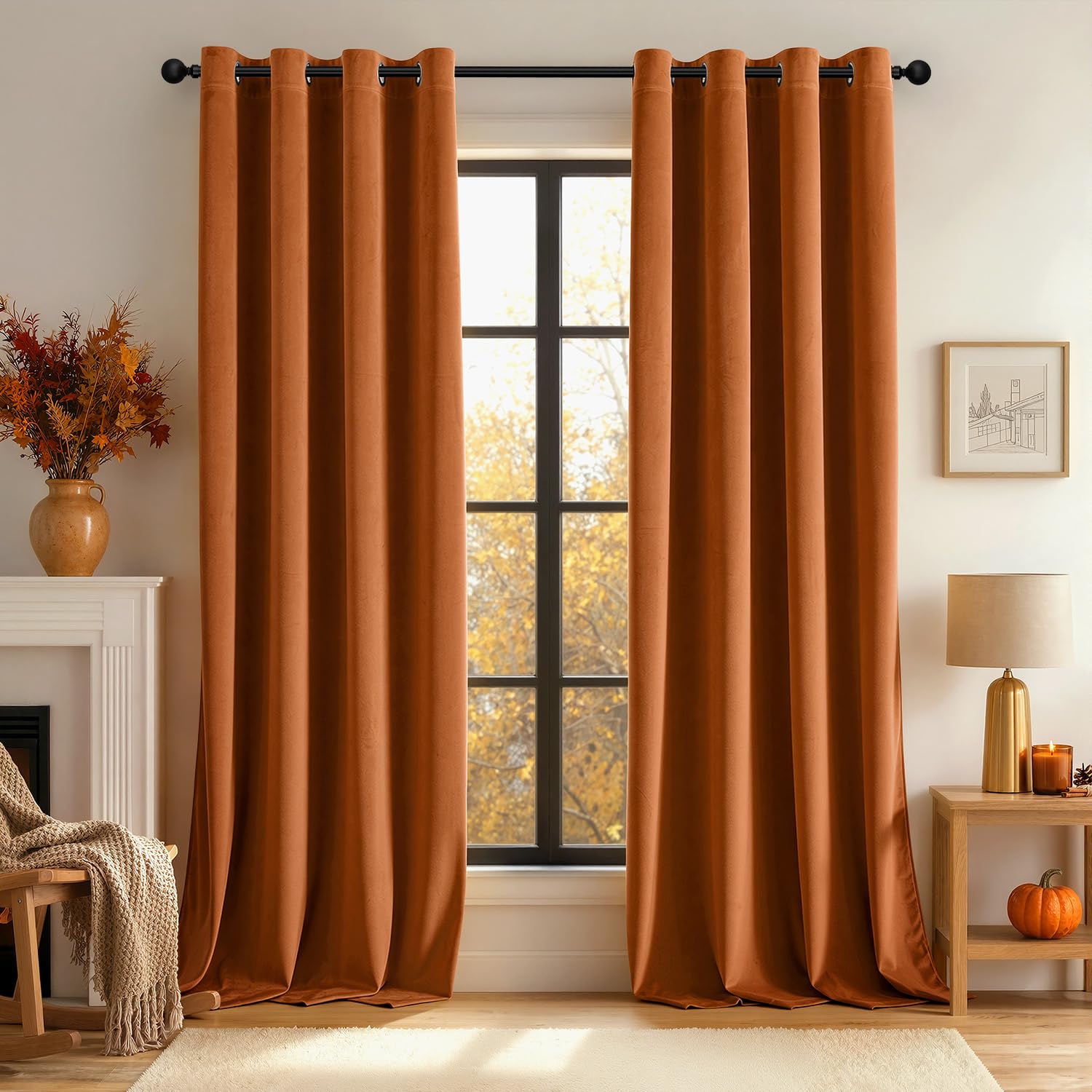 EMEMA Lot de 2 rideaux opaques en velours avec œillets - Orange foncé - 300 x 140 cm (H x l) | Rideaux en velours avec œillets, décoratifs, pour salon, doux, occultant, thermique, insonorisant, chambre à coucher
