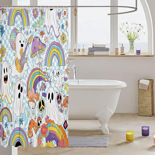 Miniatura 3 de Cortina de ducha gótica de Halloween con diseño de fantasmas de dibujos animados, 72 pulgadas de ancho x 72 pulgadas de largo, flores hippie groovy,