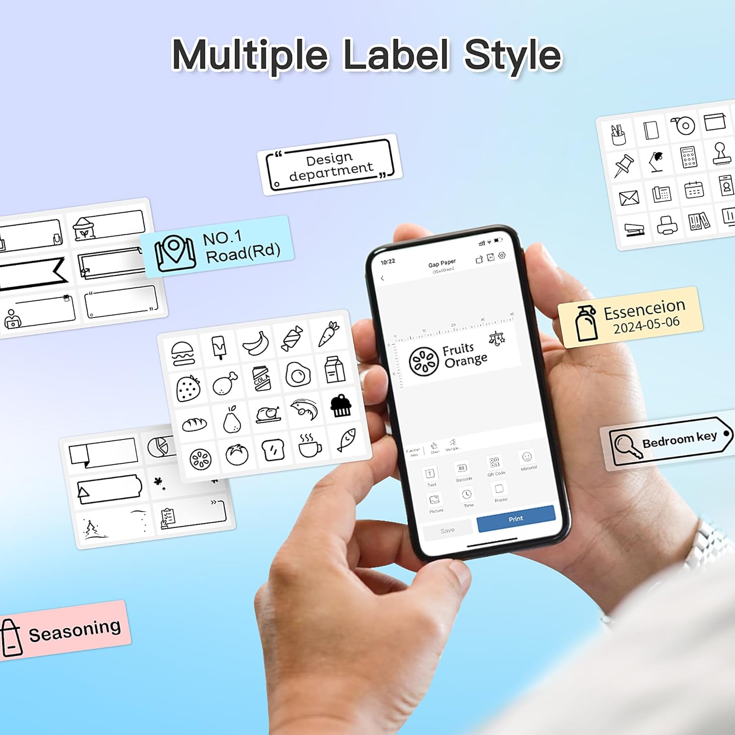 Examples of various label styles created with the POLONO P31S and the Labelnize app, including text, icons, and frames.