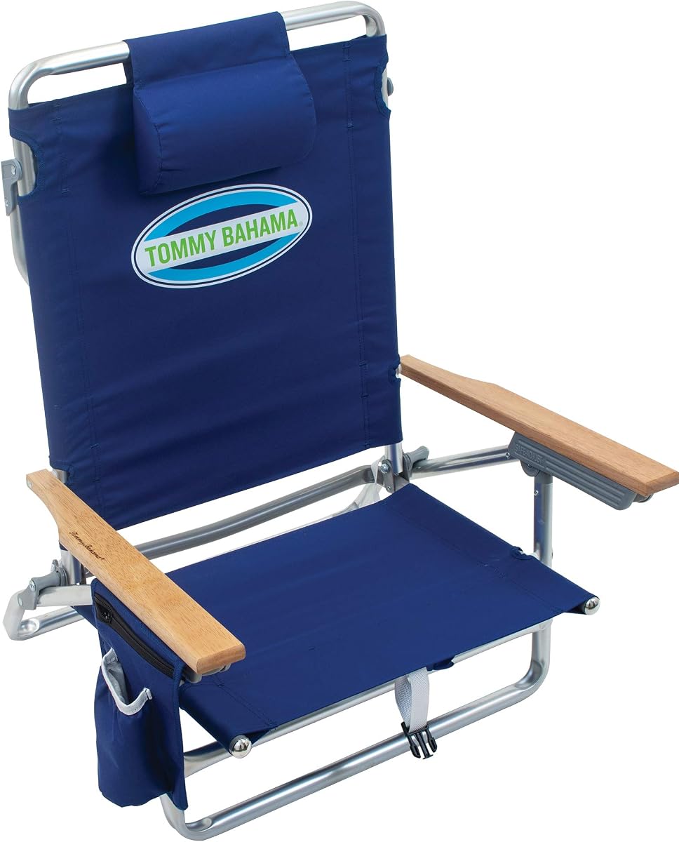 Silla de playa tipo mochila, plegable, plana, clásica, de 5 posiciones, poliéster, azul marino