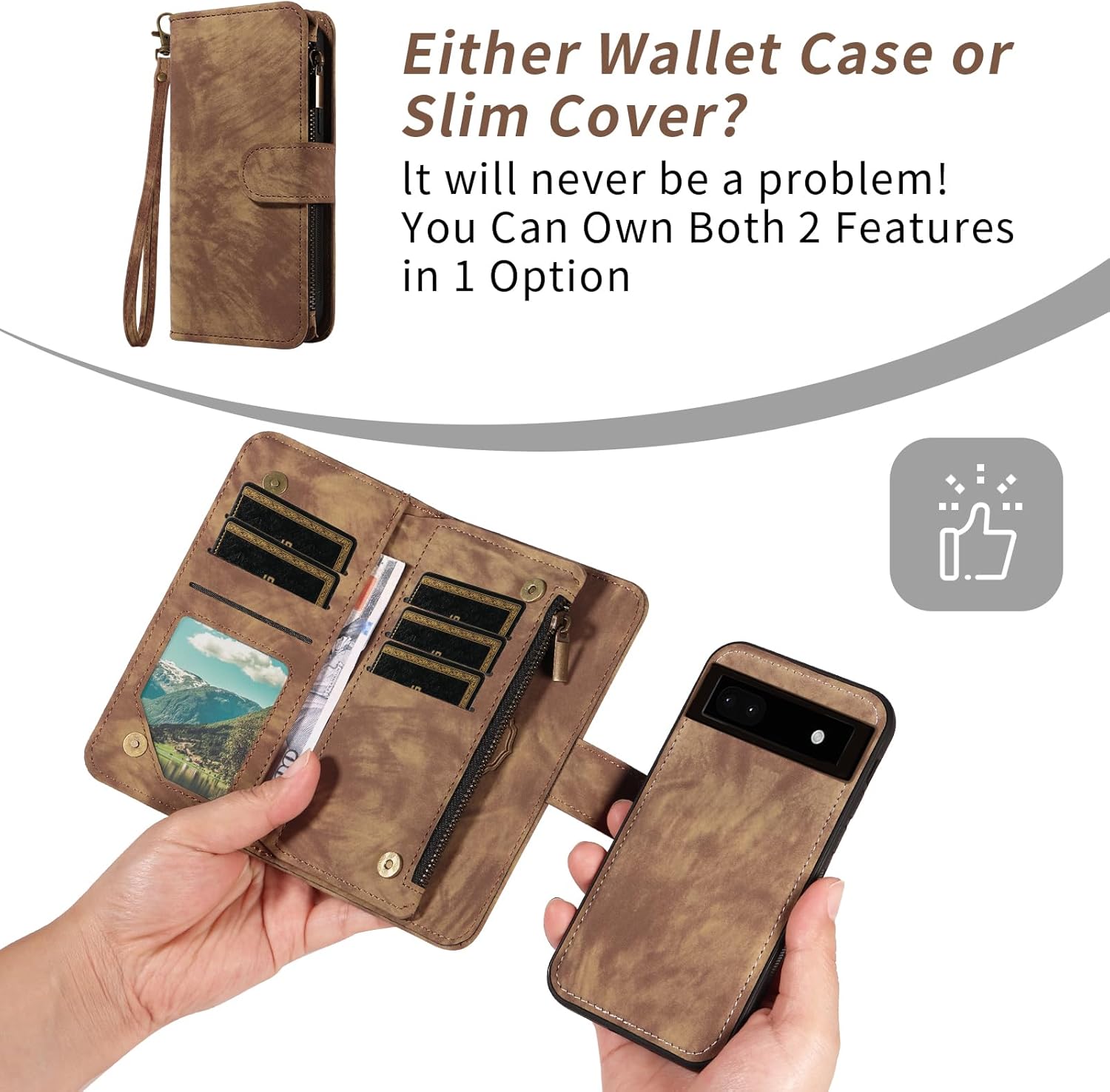 Asuwish Phone Case for Google Pixel 6A 5G 2022 Zipper Wallet Magnetic Cell Cover with Tempered Glass Screen Protector Crossbody Wrist Strap Flip Credit Card Holder Purse Pixel6A A6 Women Girls Brown