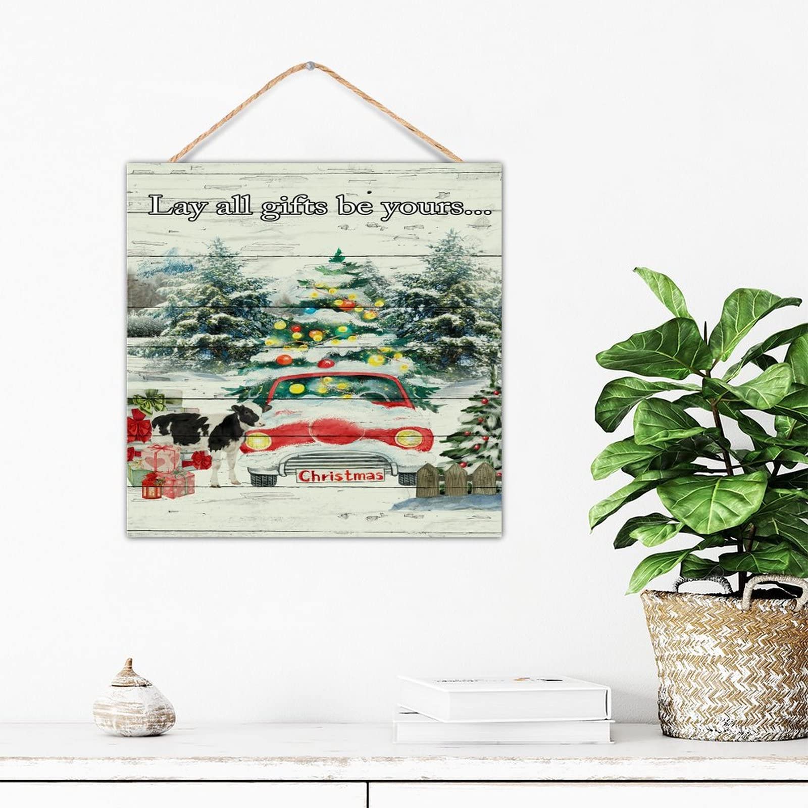 Décoration murale bois rustique arbre de Noël camion rouge et bonhomme de neige 30cm