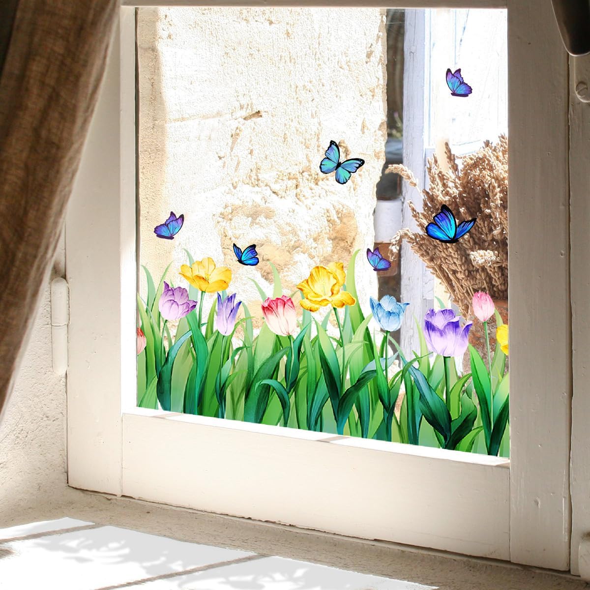Colorful Floral Bouquet Window Sticker, Flower Window Clings, Reusable, Removable, Double-Sided, for Home Office Decor (C)