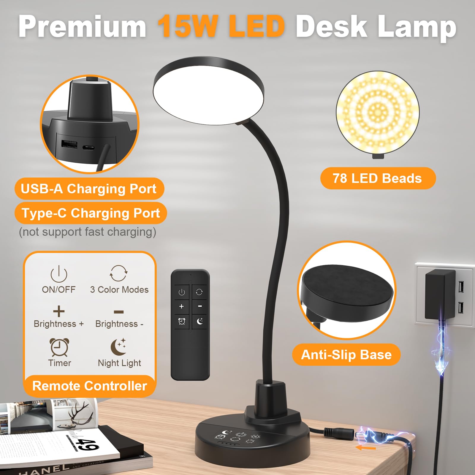 15W LED Desk Lamp with USB Charging Ports, [Button & Remote Control] Dimmable Table Lamp with 3 Color Modes, 5 Brightness Levels, 4 Timers, Flexible Reading Light for Home Office, Bedroom, Kids Study view 9