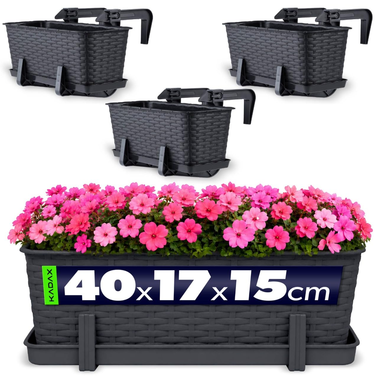 KADAX Macetas de Plástico Imitación Ratán, Maceteros Rectangulares con Platillos y Soportes para Exterior, Jardineras Colgantes (3: Antracita, 40 cm)