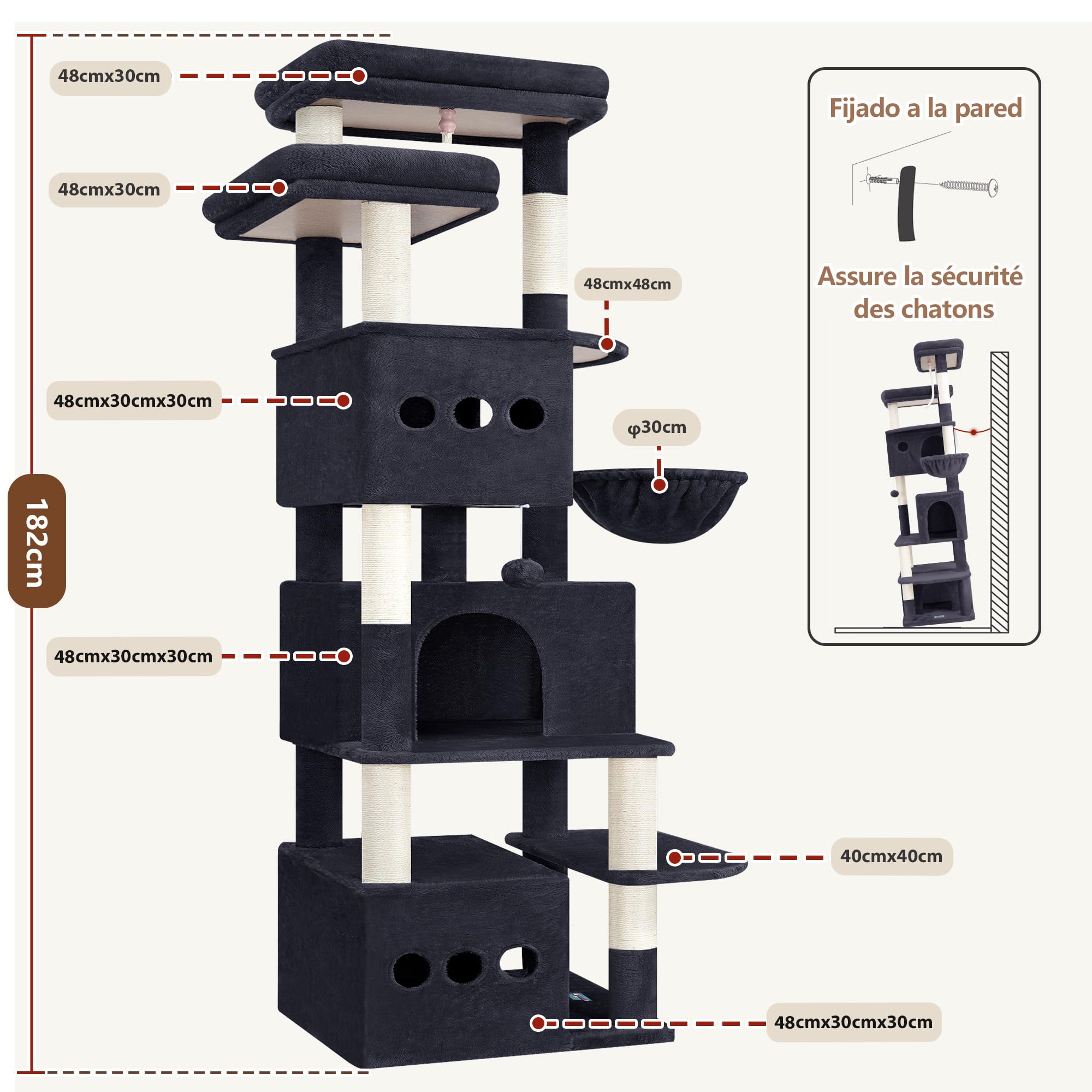 Gitelsnour Arbre à Chat XXL Hauteur 182 cm, Tour à Chat Stable pour Grands Chats avec 3 Niches Spacieuses, 2 Plateformes Supérieures, Panier Confortable, Poteaux Sisal et Jouets, Gris Foncé GCT800G