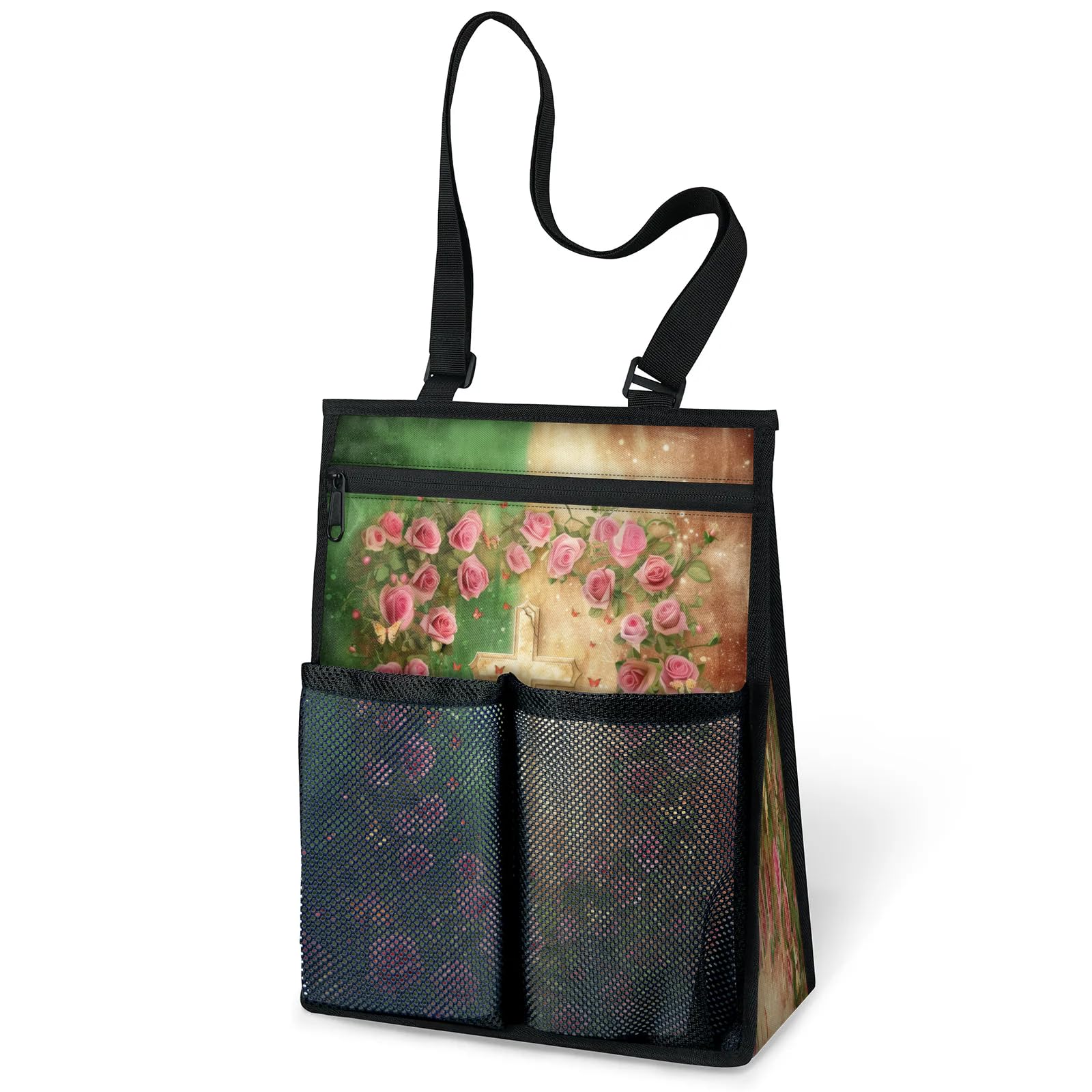 Ourtheme Rose Art Cross Portable Shower Bag for Travel Gym Camp Beach Tote Shower Caddy Bags Hanging Toiletry