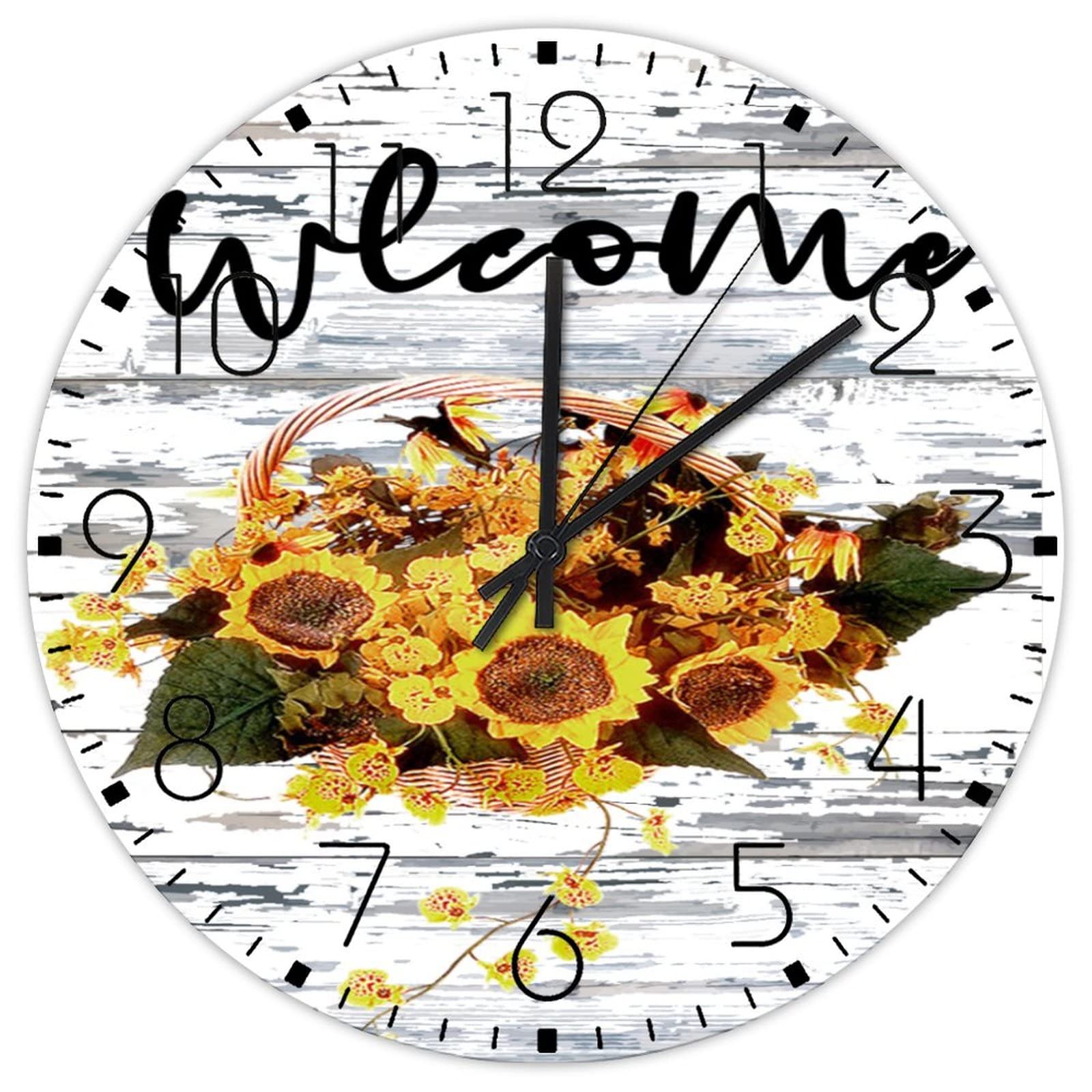 Horloge murale en bois silencieuse et sans tic-tac à piles avec cadran tournesol