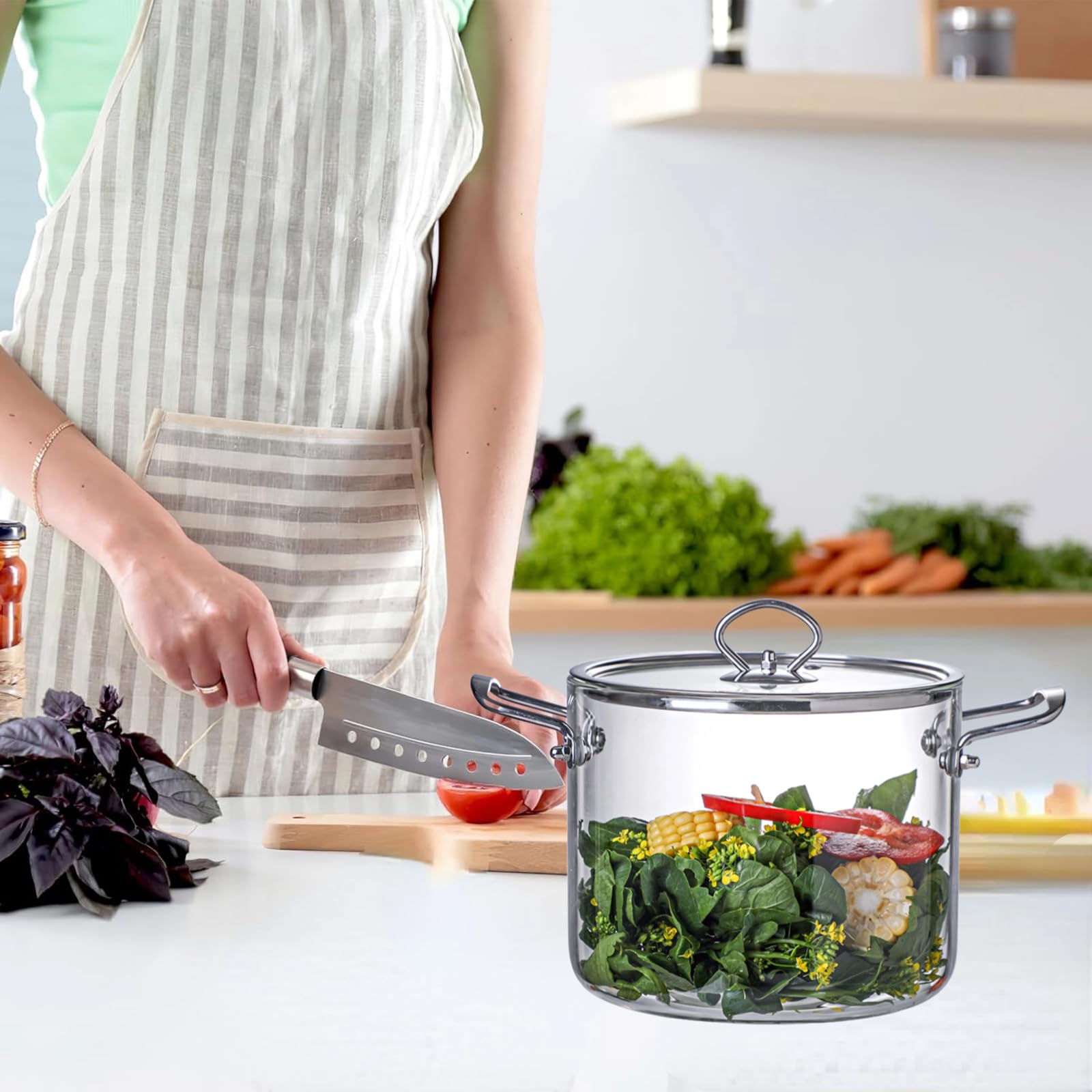 Nadwymiarowy szklany garnek 4,5 l z pokrywką, odporny na wysokie temperatury, szklany garnek do zupy z podwójnymi uchwytami ze stali nierdzewnej, uniwersalne szklane naczynia do gotowania