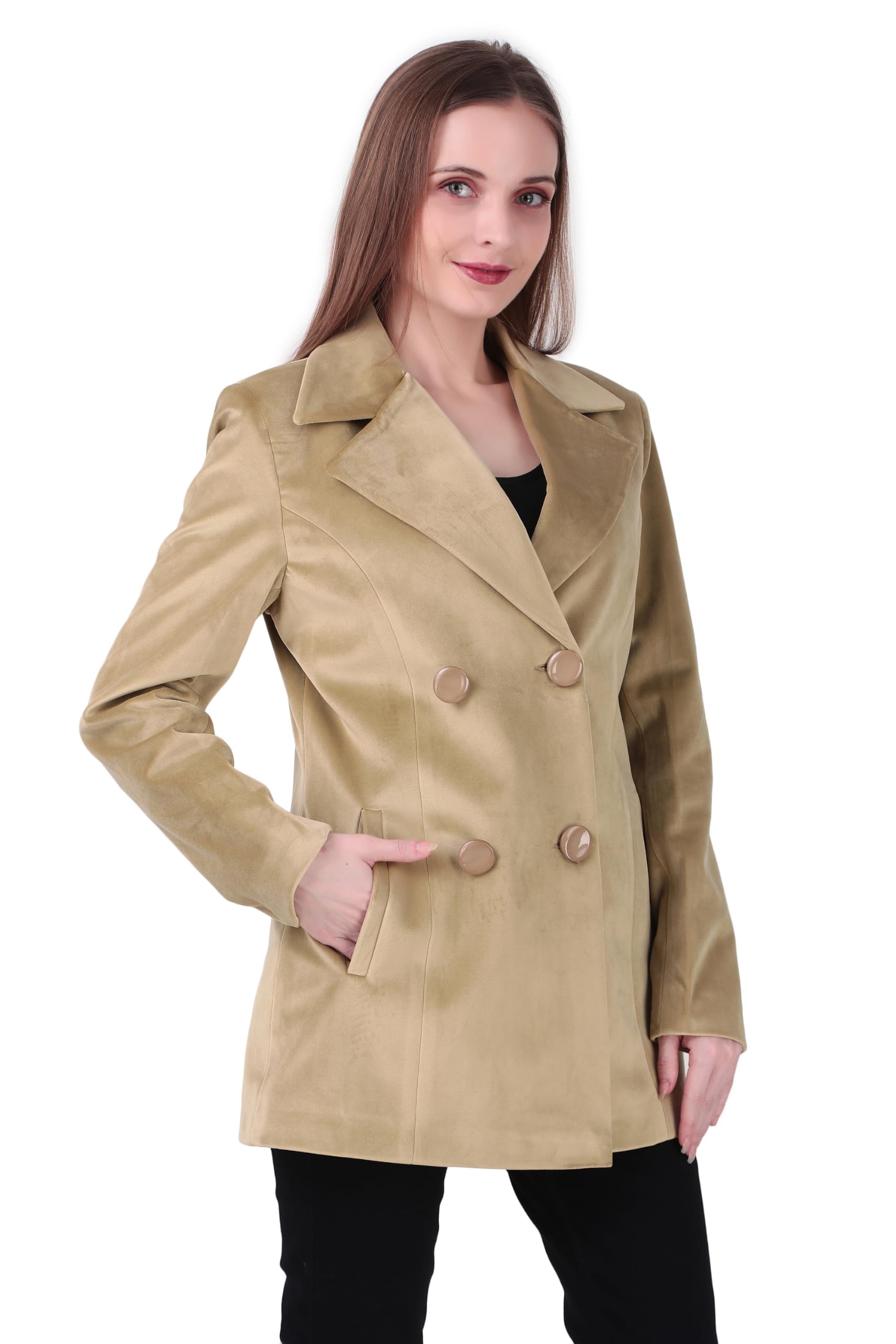 Women's Velvet Double-Breasted Blazer Jacket Beige Longline Coat-image-35