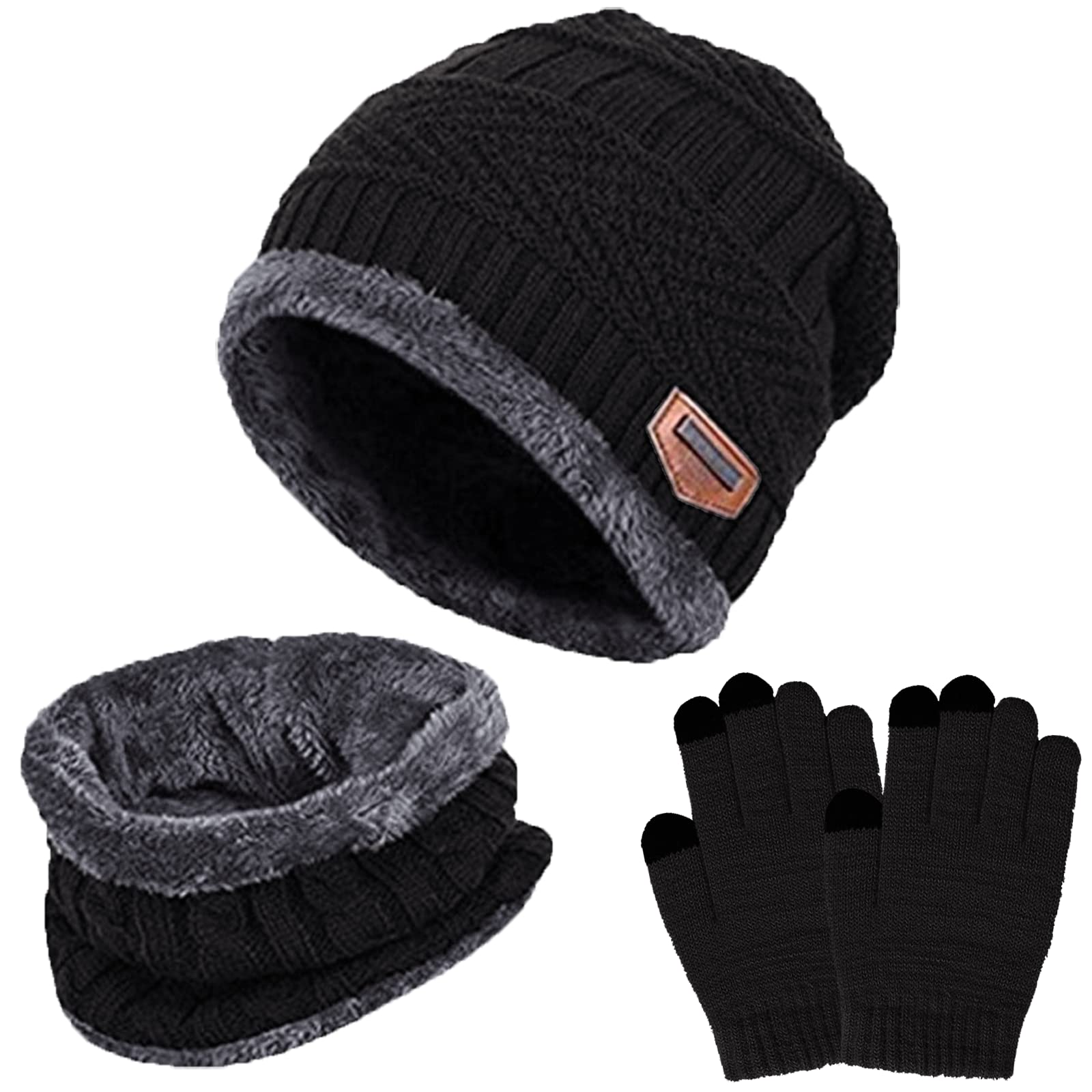 Packs Bonnet Écharpe et Gants Garçon Fille Enfant Bonnet Tricoté Doublé en Polaire Tour de Cou Gants d'hiver à Écran Tactile 5-10 Ans