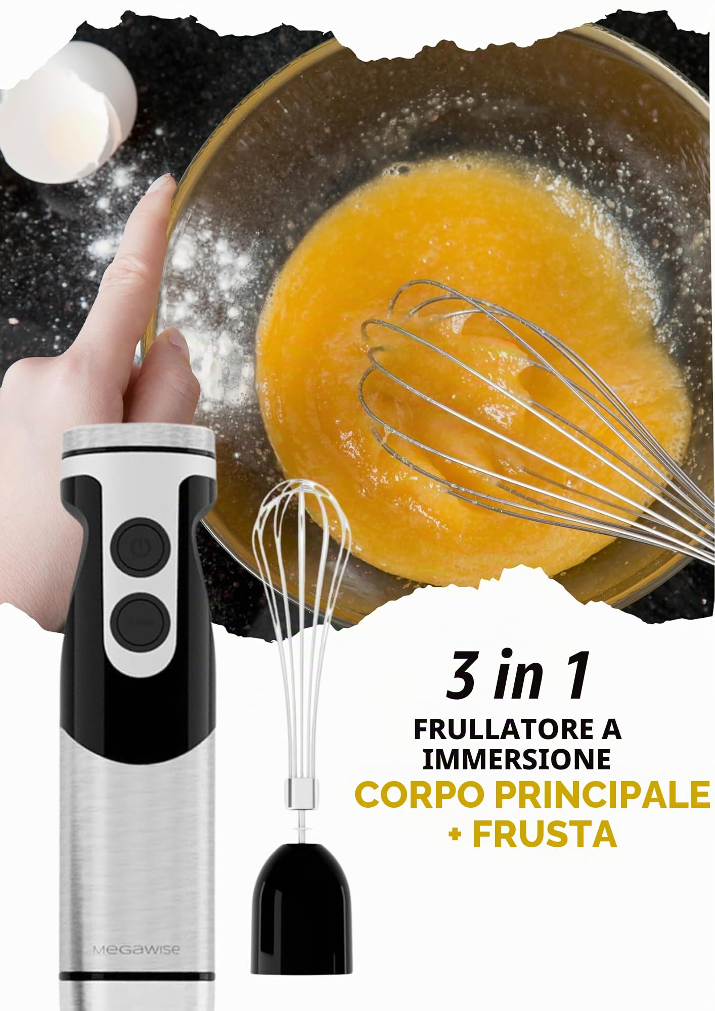 Frullatore a immersione MegaWise Pro Titanium Reinforced 3 in 1, potente motore in rame con lame più affilate dell'80%, frullatore con cavo a 12 velocità, frusta di sicurezza e montalatte inclusi