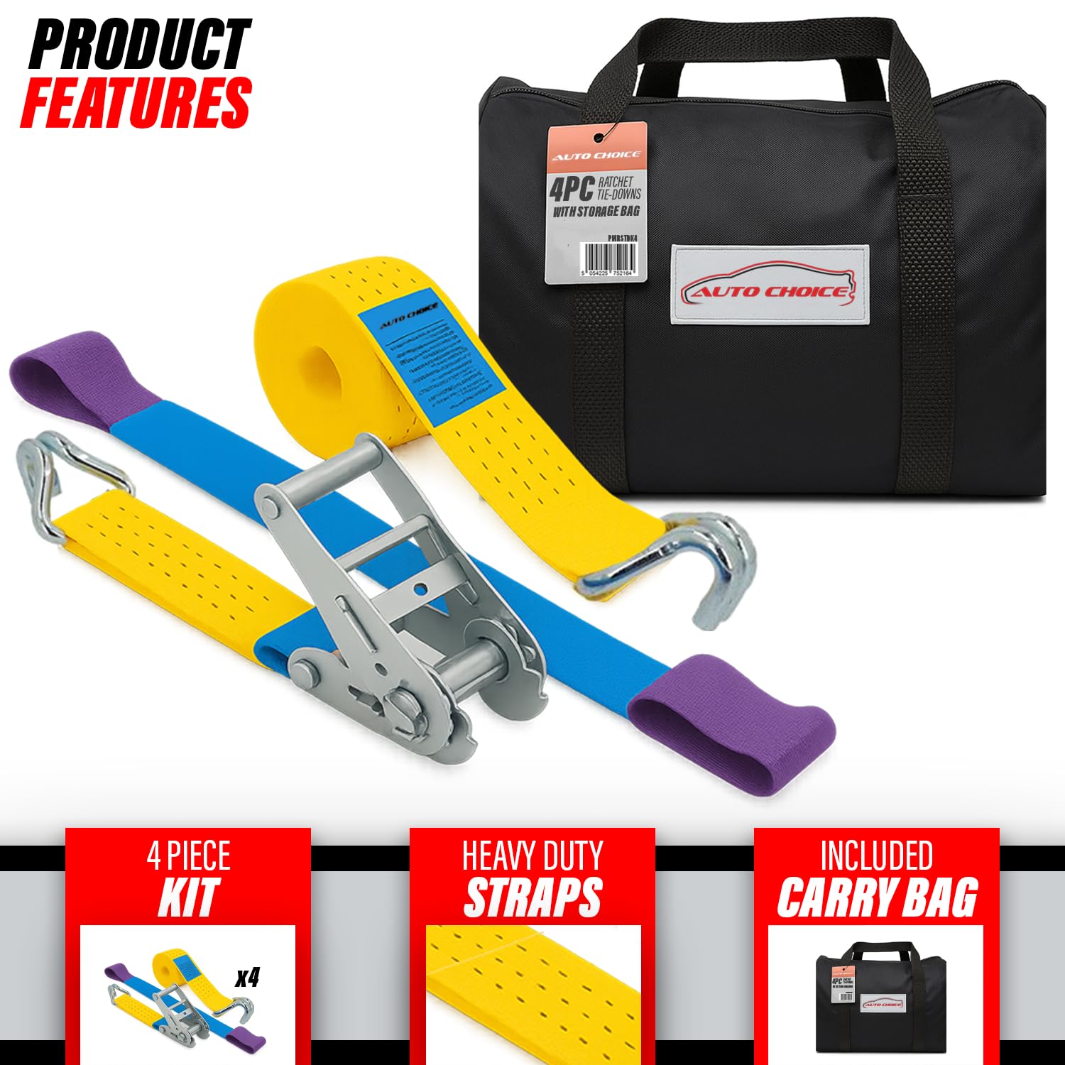 Xtremeauto BS EN121 - Juego de 4 correas de rueda de transporte de coche – Juego de tensores de amarre de trinquete de 50 mm con ganchos de garra – Correas amarillas de 3 partes con desviador suave