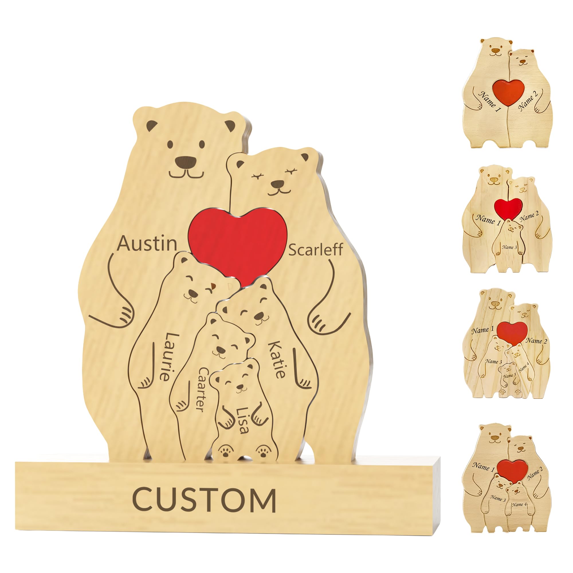 Personalised Wooden Bear Family Puzzle with 2-6 Names,Custom Jigsaw Family Keepsake Decor for Desk/Shelf, for Housewarming,Christmas,Birthday,Mother's Day