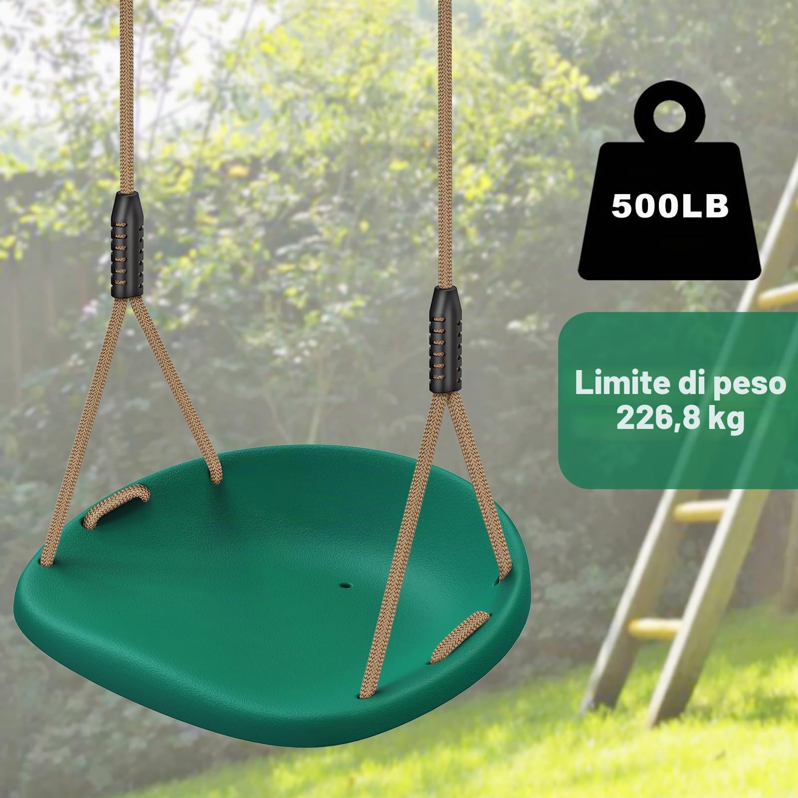 SELEWARE Seggiolino in plastica per altalena, set di altalene per bambini antiscivolo con corda regolabile di 6,7 piedi e 2 moschettoni, altalena per bambini da giardino resistente,Verde