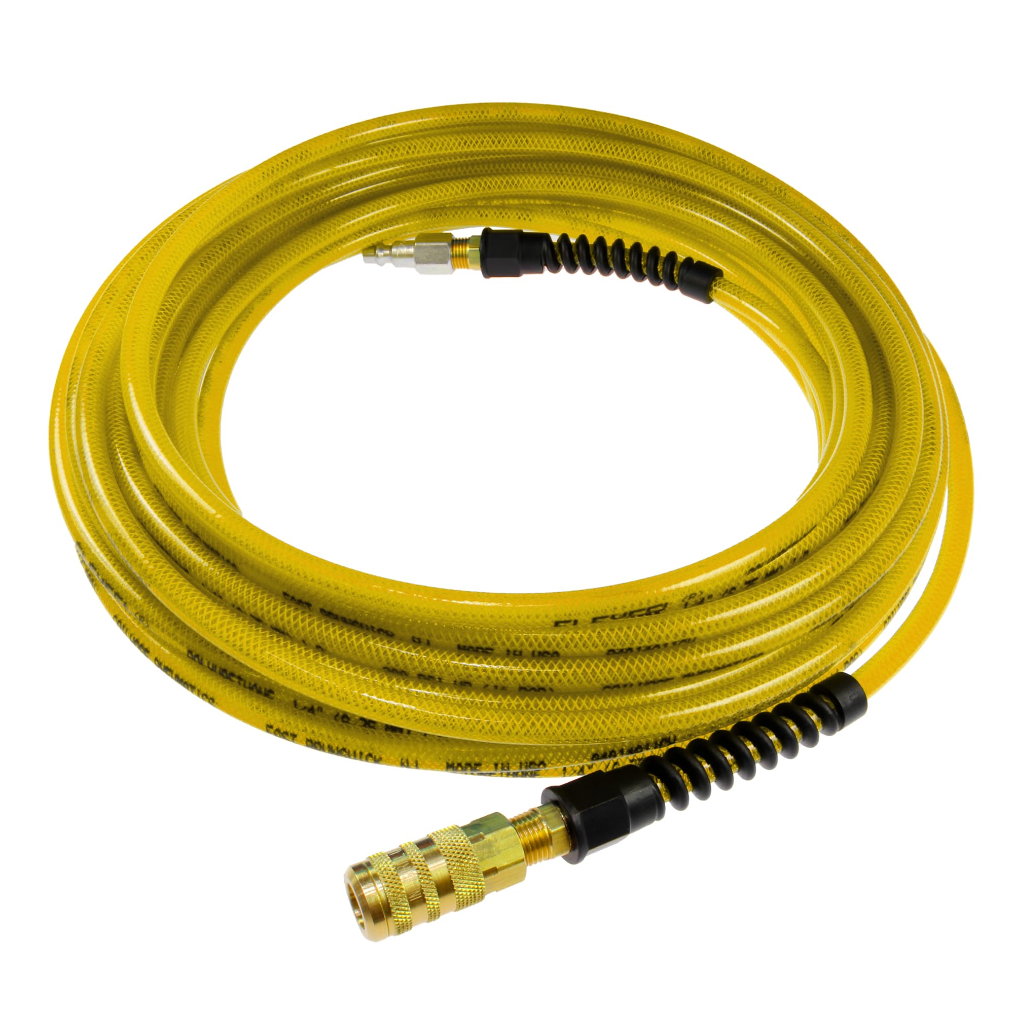 Coilhose PFE4100TYS15X Flexeel - Manguera de aire de poliuretano reforzada, 1/4" ID, 100' de longitud con acoplador y conector industrial de 1/4", color amarillo transparente