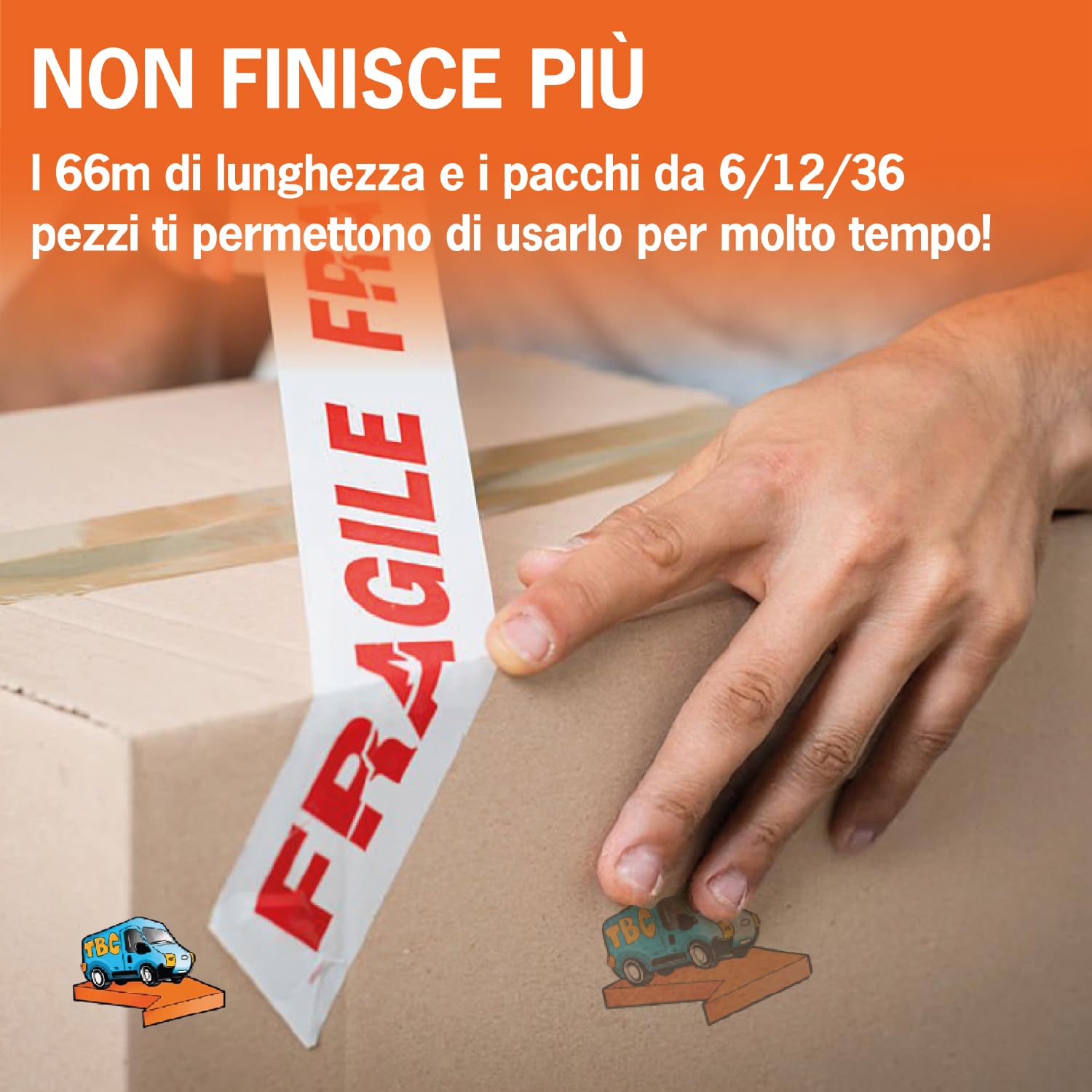 36 Rotoli Nastro Adesivo Silenzioso da Imballaggio Resistente 66m x 50mm, Nastro Fragile per Scatole Trasloco e Spedizioni, per Ufficio e Magazzino (36, Fragile)