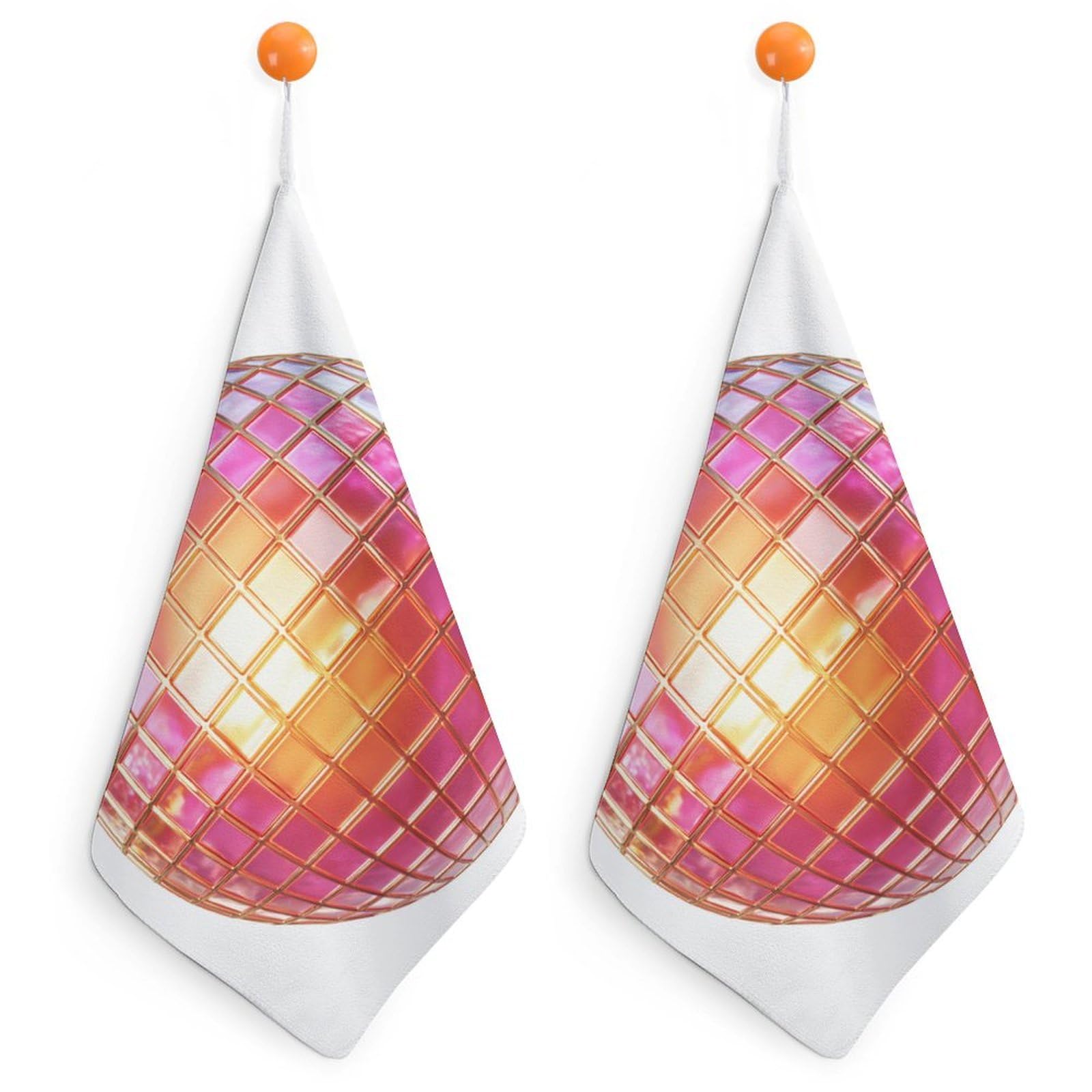 Jubonexis Trendy Disco Ball Neon Pink And Orange Small Hand Towel with Hanging Loop 2 PCS Absorbent Soft Wash Cloth for Kitchen Bathroom
