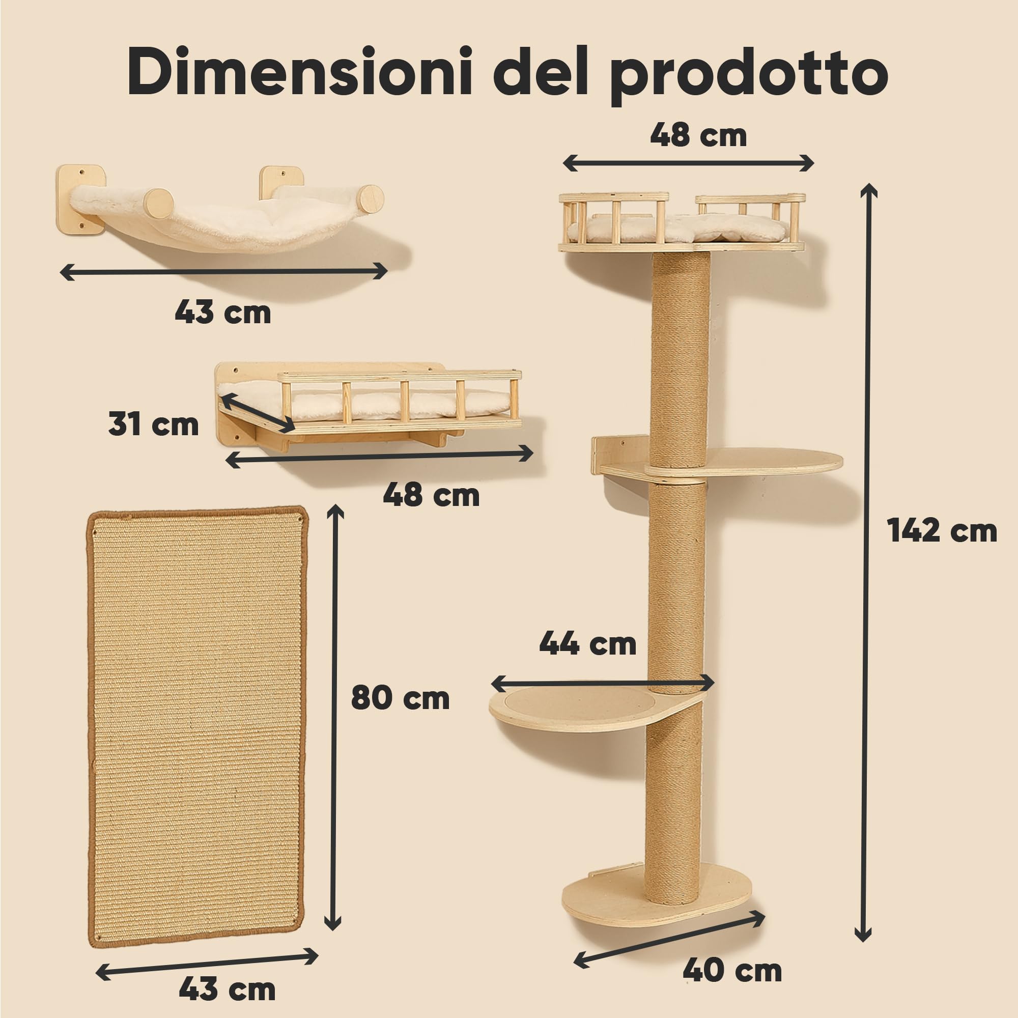 FUKUMARU Mensole per Gatti, Set di Mobili Montati a Parete in Legno Stabile da 4 Pezzi, Parete di Arrampicata con Tiragraffi, Amaca, Letto,Tappetino - Ideale per il Gioco e il Riposo dei Gatti (Beige)