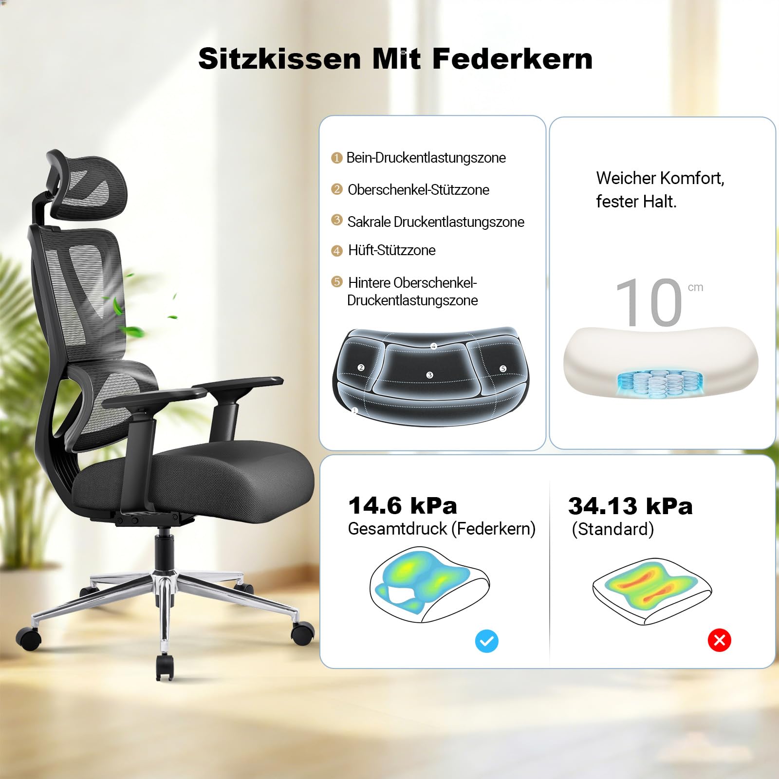 MELOKEA Bürostuhl Ergonomisch 150 kg, Federkern-Sitzpolster | Schreibtischstuhl für Homeoffice und langes Sitzen mit dynamischer Lendenstütze, 3D-Armlehnen und EN1335