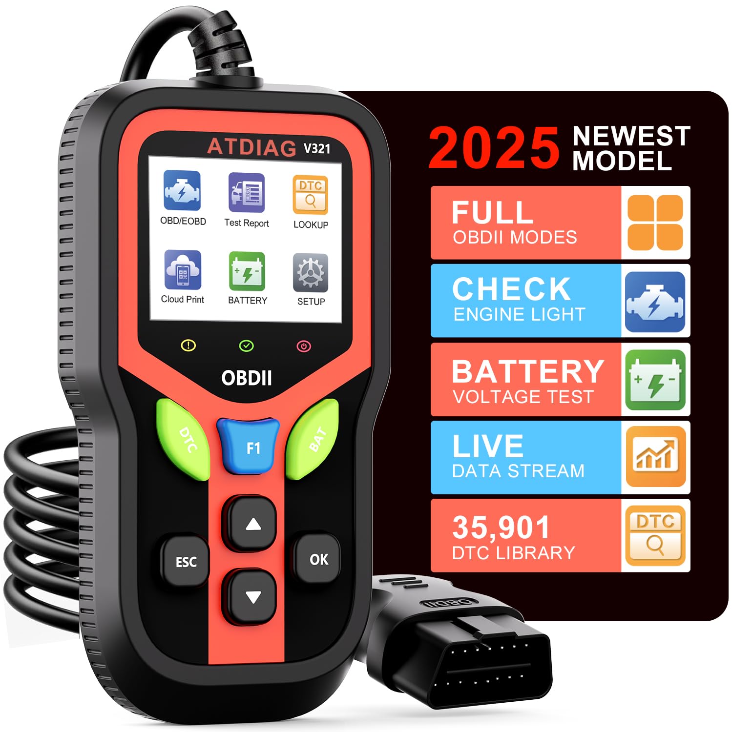 OBD2 Scanner Diagnostic Tool, Check Engine Lights and Clear Vehicle Trouble Code, Battery Start Test, Live Data, Cloud Printing, Freeze Frame, Car Scanner for All OBDII Vehicles Since 1996