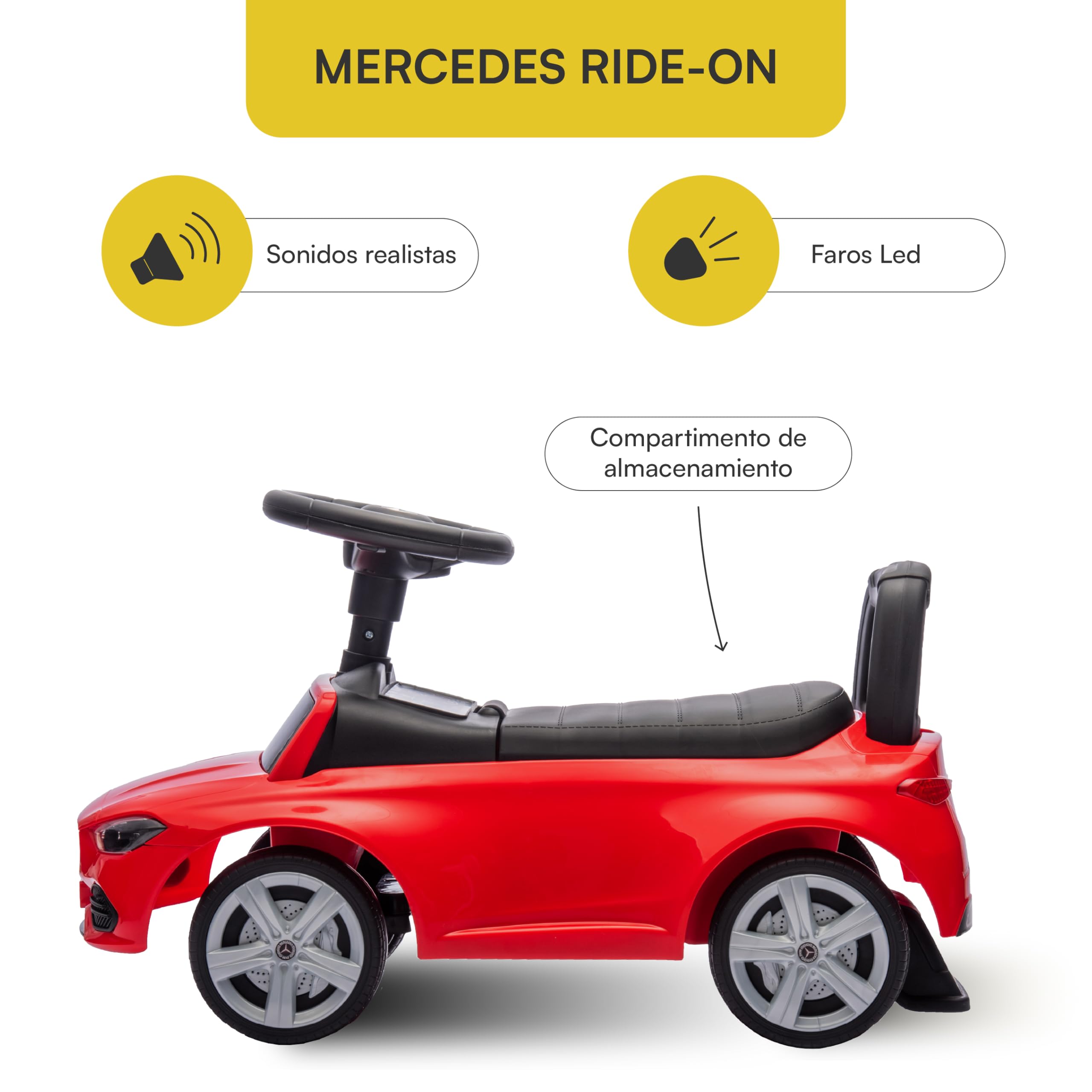 Baroni Toys Mercedes Ride-On Car Empuje y Ir para Niños 1-4 Años, Faros LED, Sonidos Realistas, Ruedas antideslizantes, Compartimento de almacenamiento, Diseño Antivuelco, 65 x 28 x 39 cm, Rojo