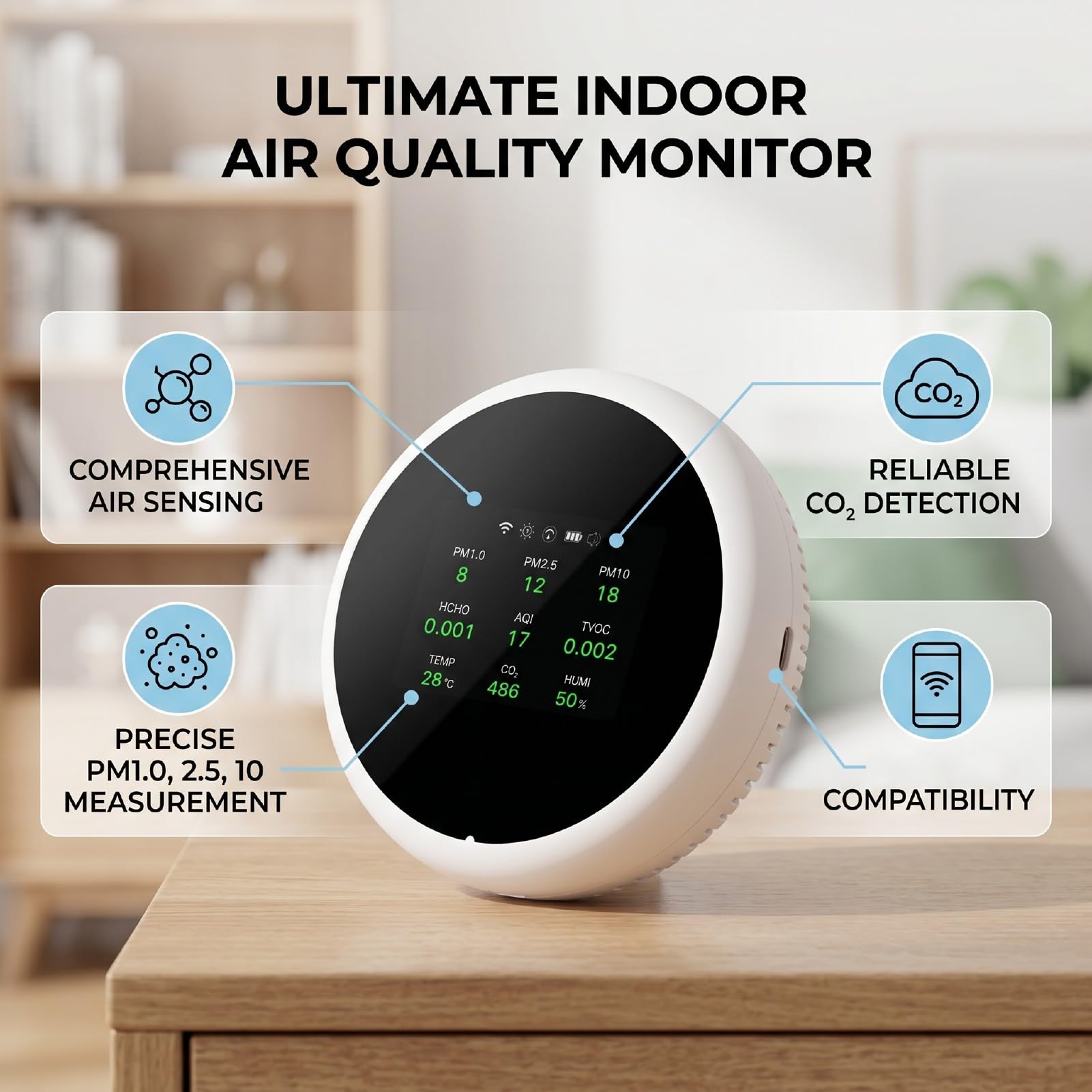 Zunate Moniteur Intelligent de qualité de l'air Intérieur CO2 PM2,5 PM10 TVOC HCHO avec Affichage de la Température et de l'humidité, Testeur de qualité de 'air Rond Blanc pour le Bureau à Domicile