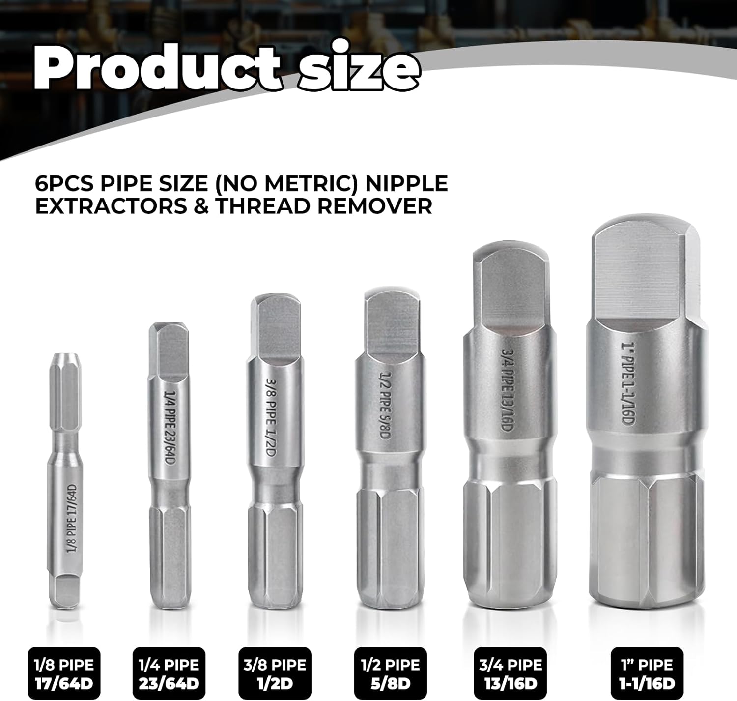 6-Piece Heavy Duty Pipe Extractor Set, Broken Pipe Removal Tool Kit 1/8" 1/4" 3/8" 1/2" 3/4" 1" for Removing Damaged Threaded Pipes & Fittings, with Durable Storage Case