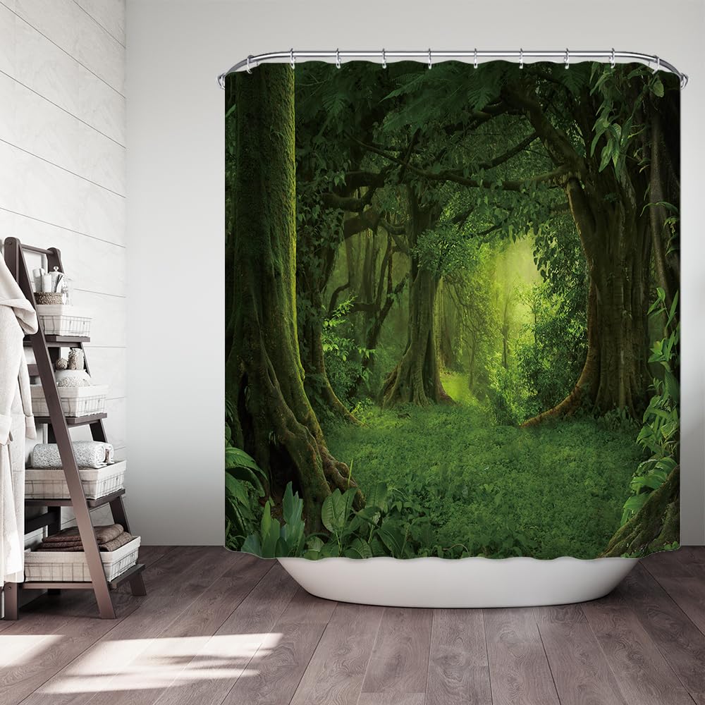HORIWE Shower Curtain Waterproof Mould Mildew Resistant Washable Bathroom Curtain Decor with Forest Pattern Shower Curtains with 12 Hooks & Lead Strip - Image 2