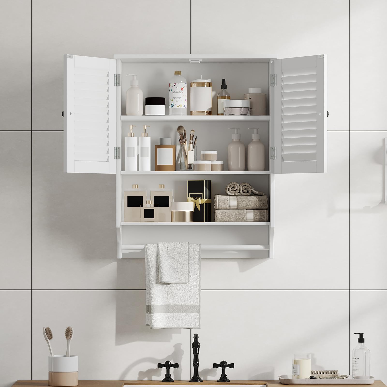 Meuble Salle de Bain Mural 2 Portes, Étagères Réglables avec Barre à Serviettes Blanc