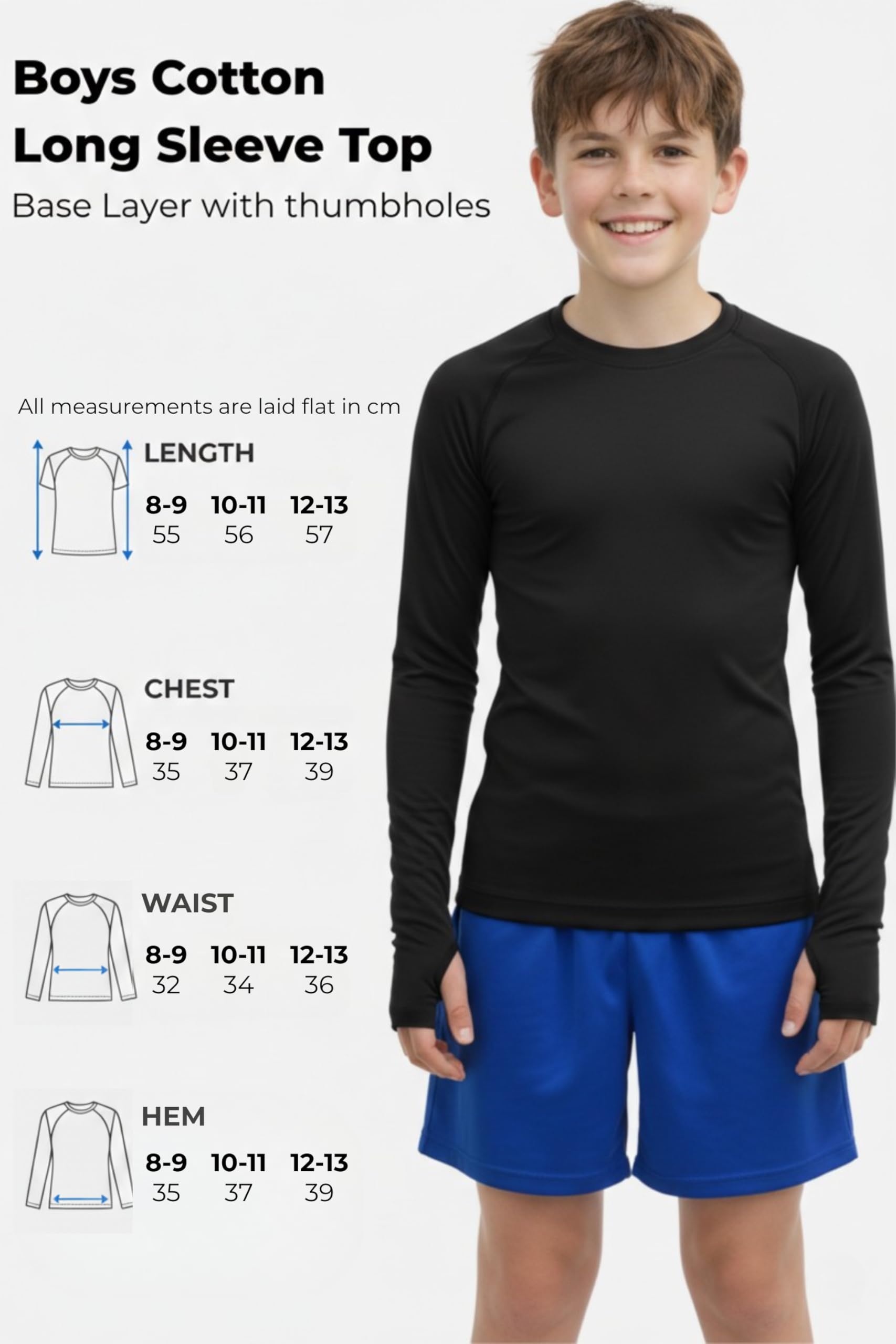 Re Tech UK - Couche de base en coton pour garçons avec trous pour les pouces - Peaux légères pour garçons - Haut thermique pour enfants - Sous-couche - Chemise à manches longues blanche ou noire