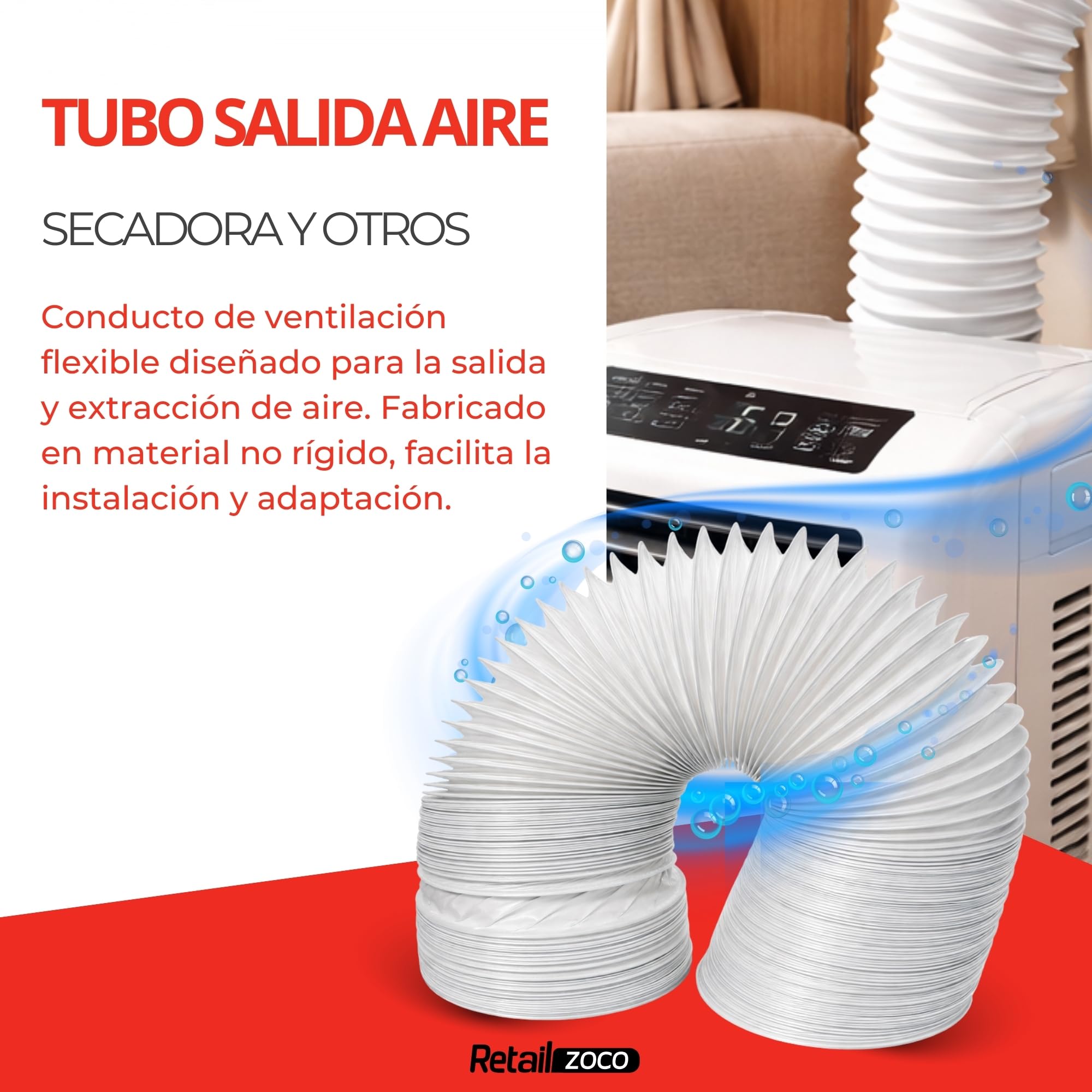 TECHZOCO Tubo de ventilación flexible, Conducto salida aire, Manguera de extracción de aire, Tubo Acondicionado Portátil, Apto Secadora, No es rígido, 6 Metros Largo x 10 cm diámetro