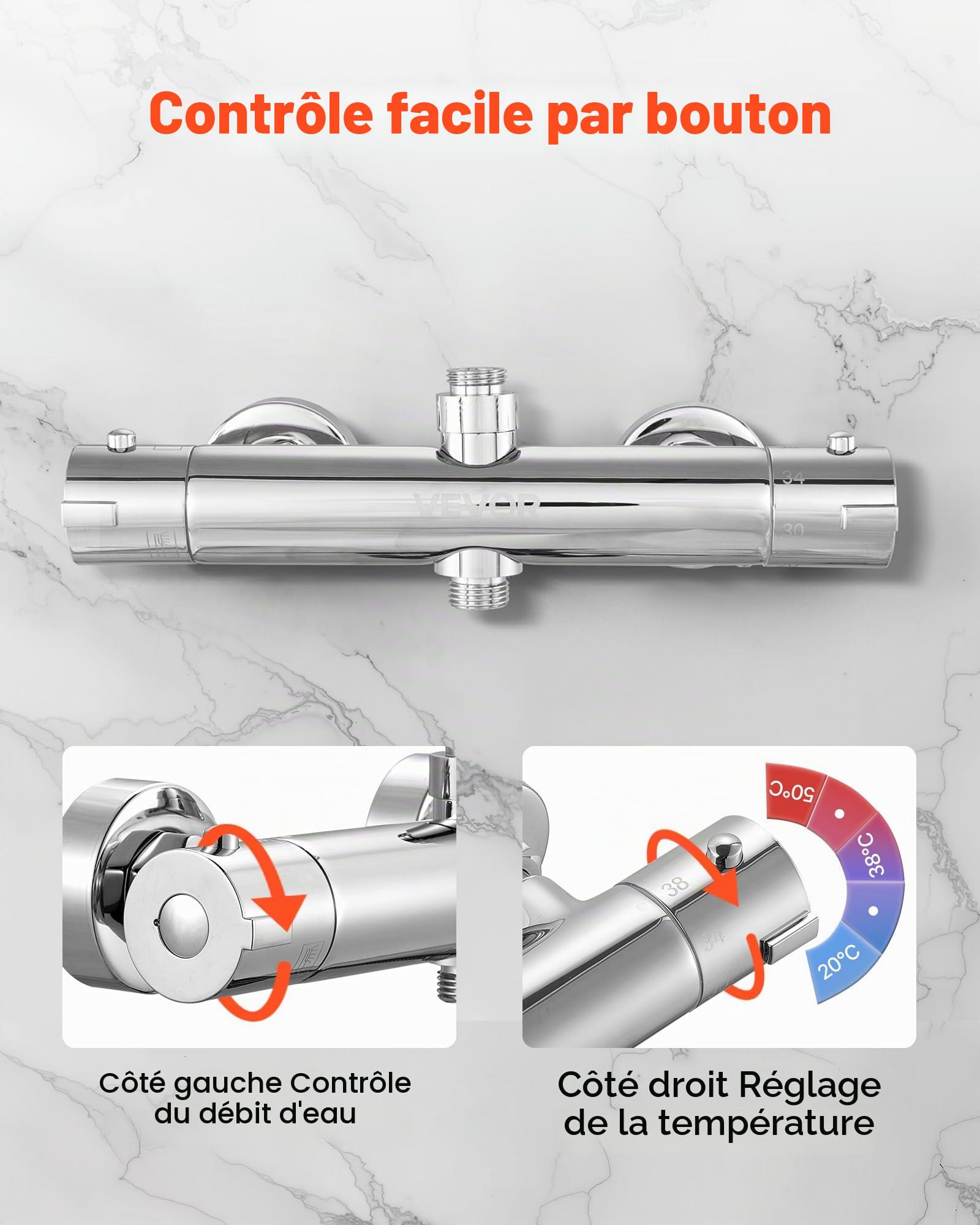 VEVOR Mitigeur de Douche Thermostatique à Verrouillage Sécurisé 38°C, Vanne Thermostatique avec Température Constante, Robinet de Douche à Eau Chaude et Froide, pour Salle de Bain Caravane, Argent