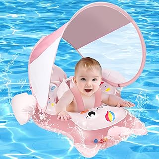 Baby Swimming Float, Inflatable Baby Pool Float Baby Swimming Ring Suit with UPF 50+ Sun Canopy, Add Tail No Flip Adjustable Swim Training Toy with Bath Seat for the Age of 6-72 Months Infant Toddler