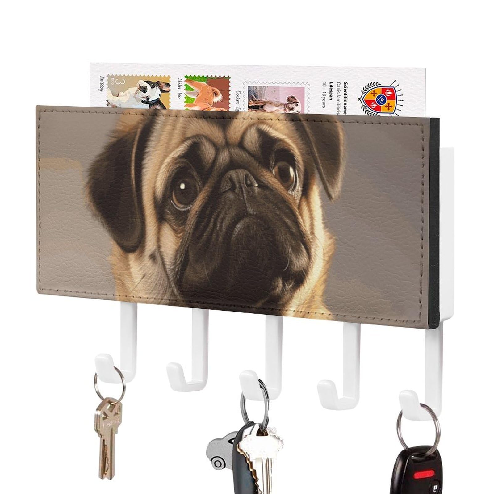 JTREHY Cute Pug Dog Holder Wall-Mounted Key and Mail Holder,Key Rack with 5Keys Hooks, Easy to Install Mail Organizer for Entryway, Front Door, Hallway, Office