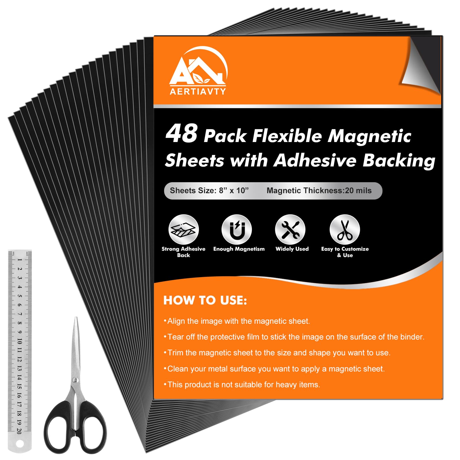 Aertiavty 48 Packs Magnetic Sheets with Adhesive Backing 8x10 Inch Adhesive Magnetic Sheets for Dies Storage - 20 Mil Magnetic Contact Paper Peel and Stick, Magnetic Strips with Adhesive Backing
