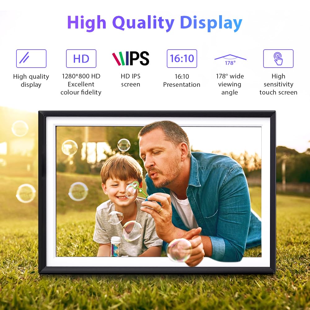 Cornice digitale 32 GB, 10,1 pollici, Wi-Fi, touchscreen, HD 1280x800 IPS, rotazione automatica, condividi le foto sempre e ovunque tramite l'app Frameo/Uhale, nero