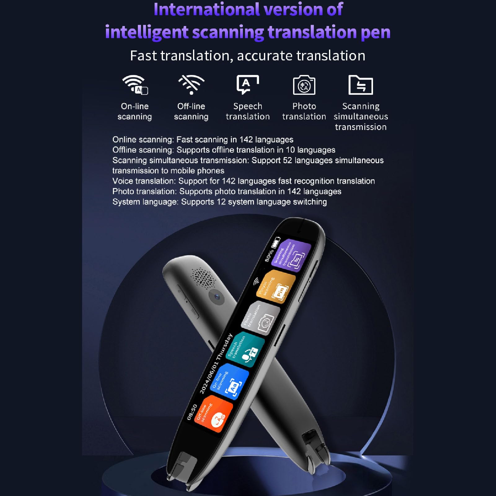 Voice -Übersetzer -Gerät, Scan -Lese -Stift 3.7 '' Touchscreen 142 Sprachen Online Offline -Übersetzung, Sprachausgabe, AI -Engine, 8h Ideal für Geschäft, Lernen, Lesen