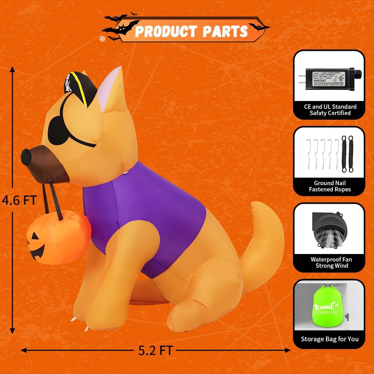 COMIN 5.2 FT Halloween Inflatables Dog Outdoor Decorations Pirate Dog Picking Pumpkin Blow Up Yard Decoration with Built-in LED for Garden Party Lawn