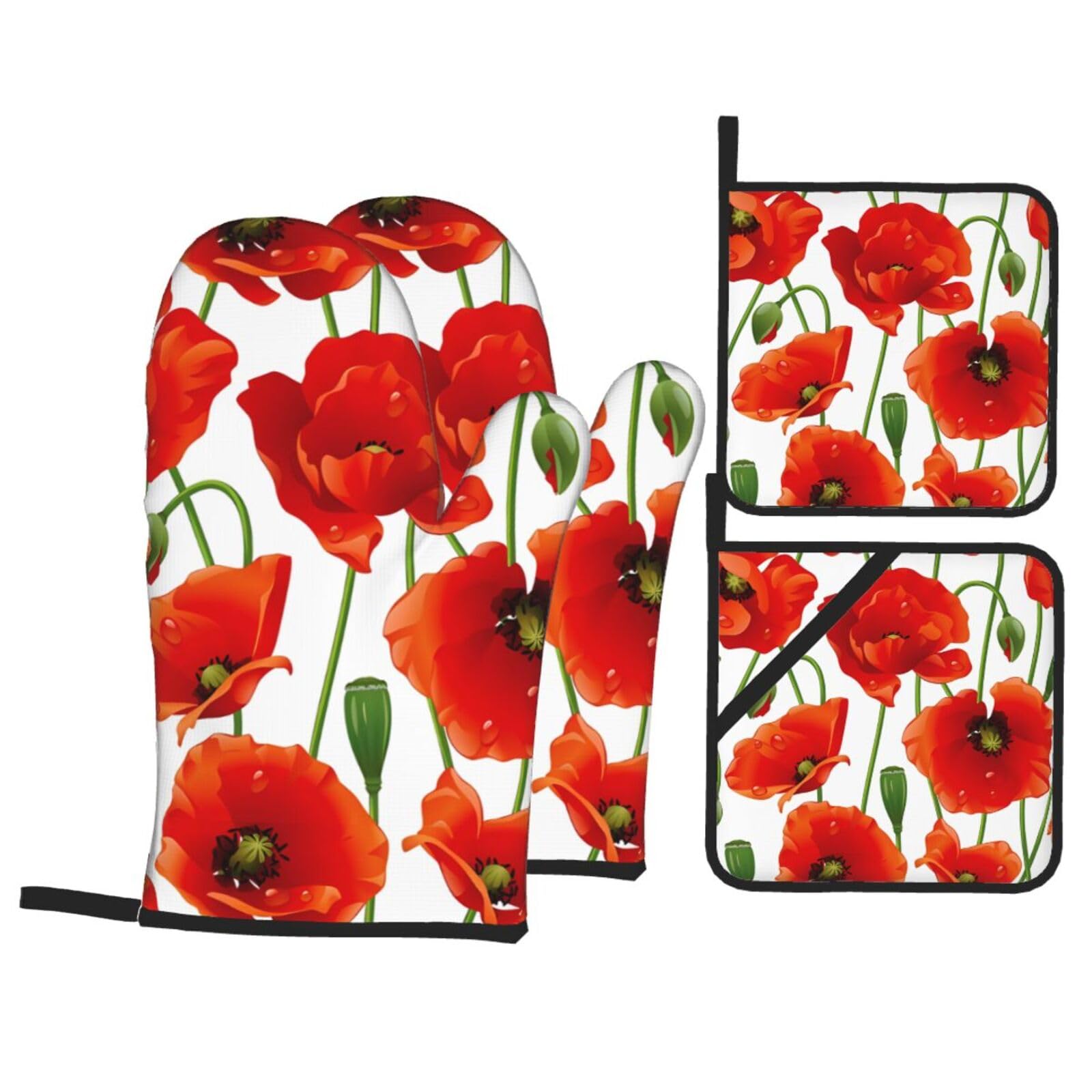 HJFCZH flower Prints Kitchen Throw Set: Durable Oven Layers with Waterproof Polyester – 4 Piece Heat Protection System