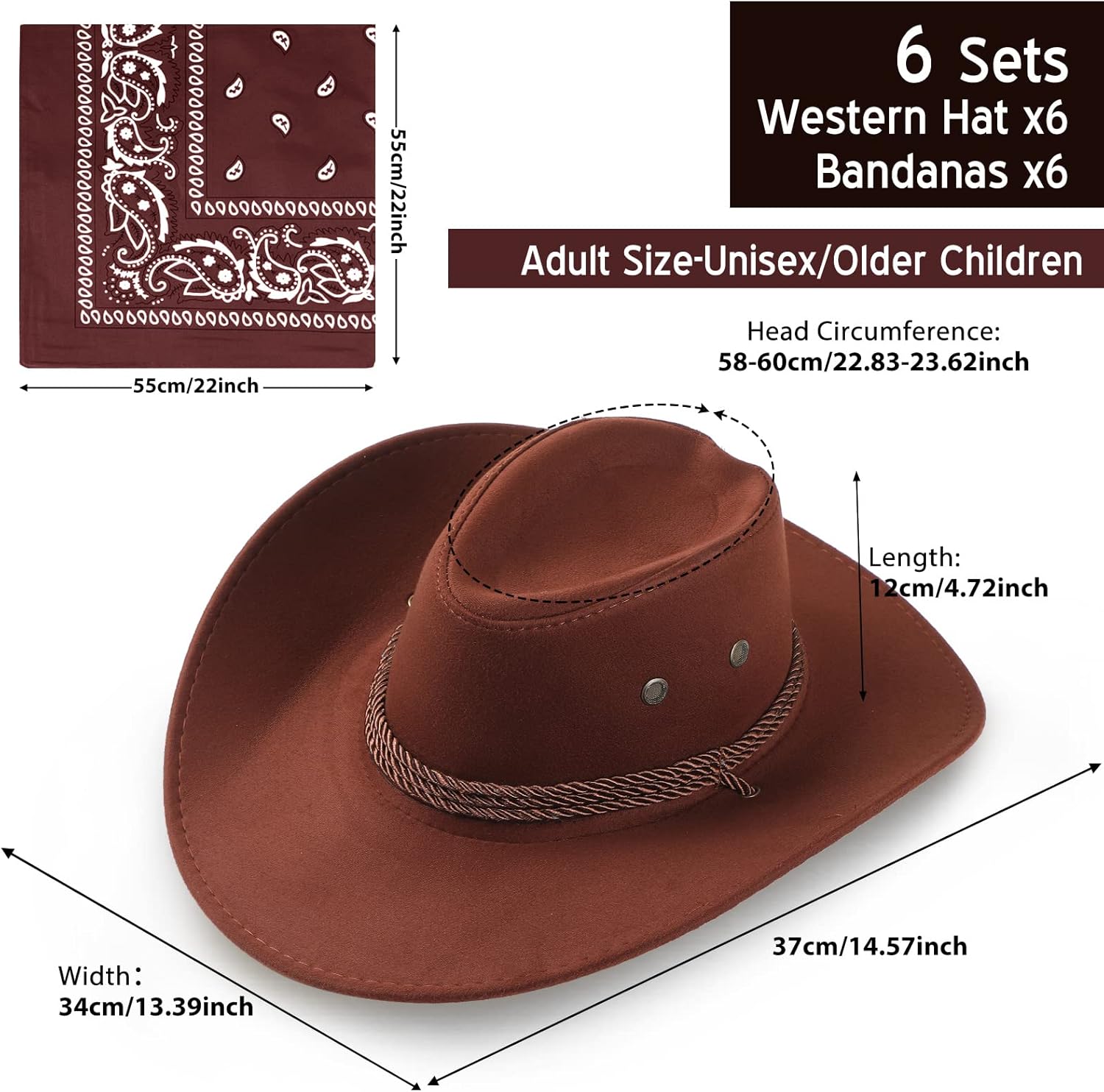 Zhanmai 12 Pcs Cowboy Hat and Bandana Cowboy Cowgirl Hats Bulk Western Party Costume Halloween Accessory - Image 3