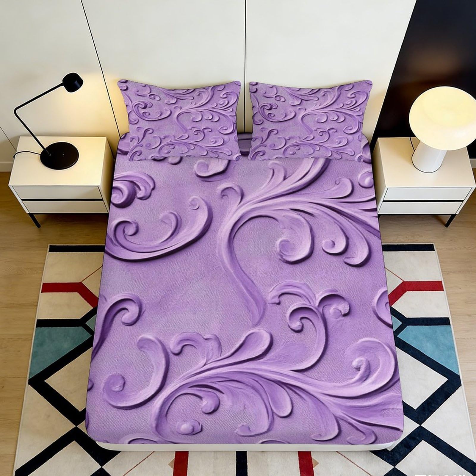 3D Printed Baroque Lavender Swirl Fitted Sheet Microfiber Non Slip Mattress Cover Machine Washable for Bedroom Guest Room 120x200x25cm